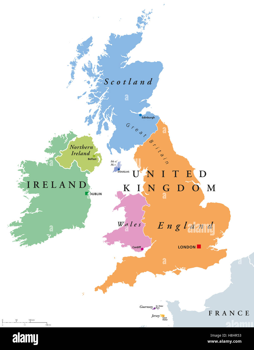 Länder von Vereinigtes Königreich und Irland politische Karte. England, Schottland, Wales und Nordirland. Stockfoto