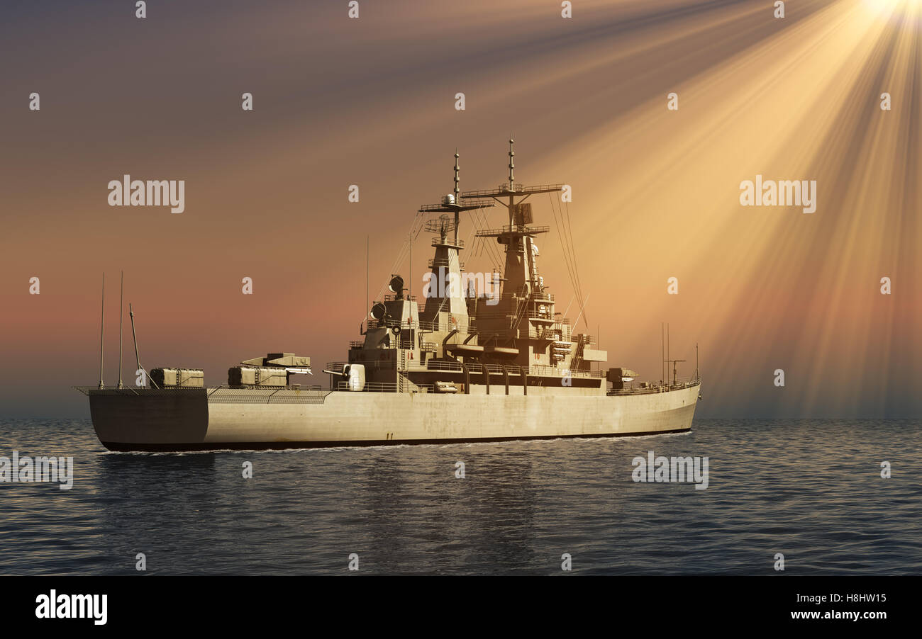 Moderne Kriegsschiff Strahlen der Sonne Stockfoto