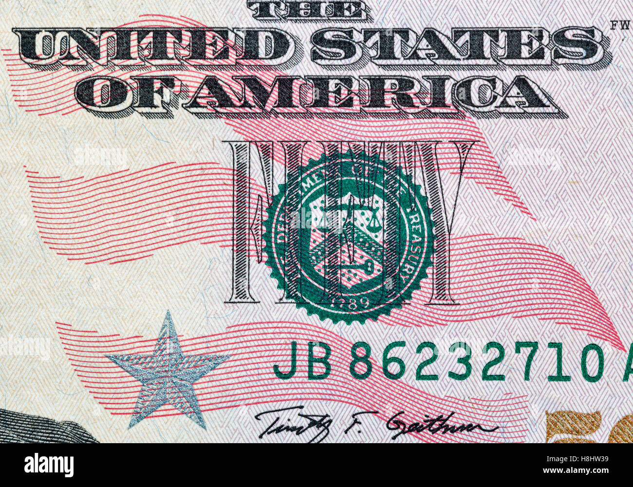 Stempel des Department of The Treasury auf fünfzig Dollar Bill Nahaufnahme Makro Stockfoto