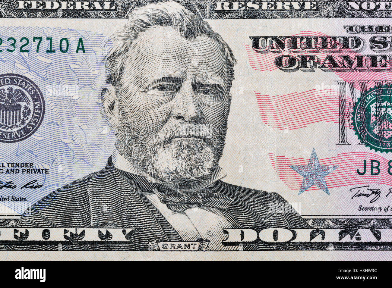 US-Präsident Grant Porträt auf fünfzig Dollar Bill Makro Stockfoto