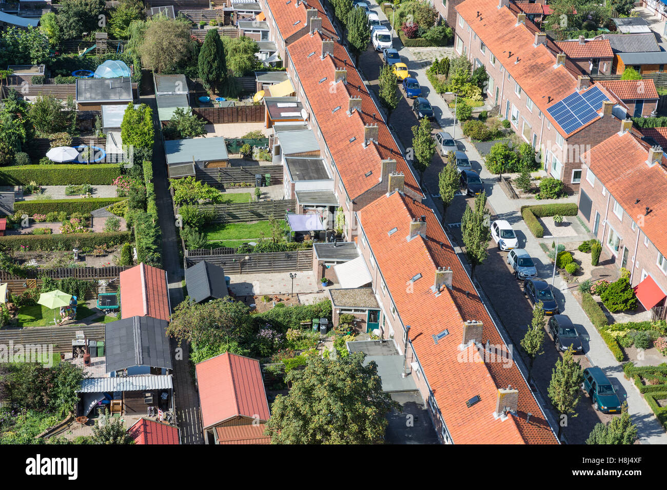 Luftaufnahme Einfamilienhäuser mit Hinterhöfen in Wohngebiet von Dutch Village Emmeloord, die Niederlande Stockfoto