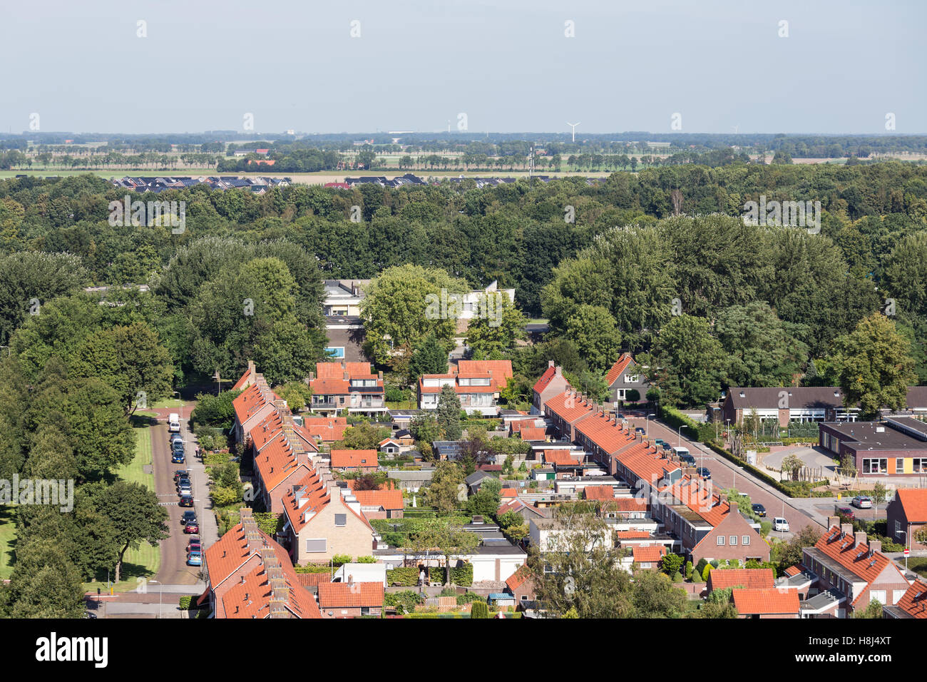 Luftbild Einfamilienhäuser in Wohngebiet in Emmeloord, Niederlande Stockfoto