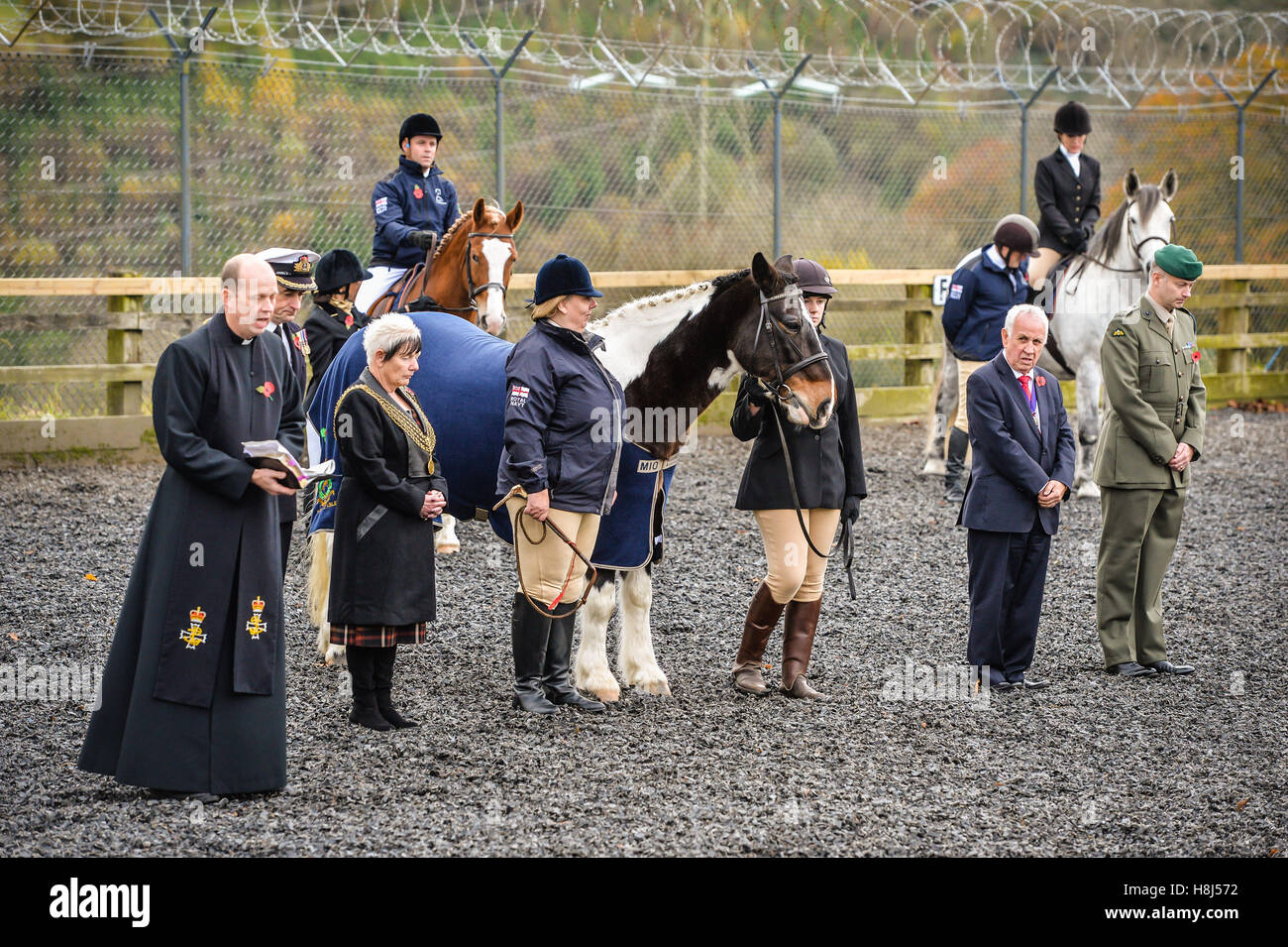 HMS Drake Kaplan Reverend Mike Pons (links) liefert eine Lesung während der ersten Gedenkfeier gewidmet Pferde getötet oder verletzt in Konflikt, bei der Royal Navy und die Royal Marines Reitstall an den Bickleigh Kasernen, Plymouth. Stockfoto