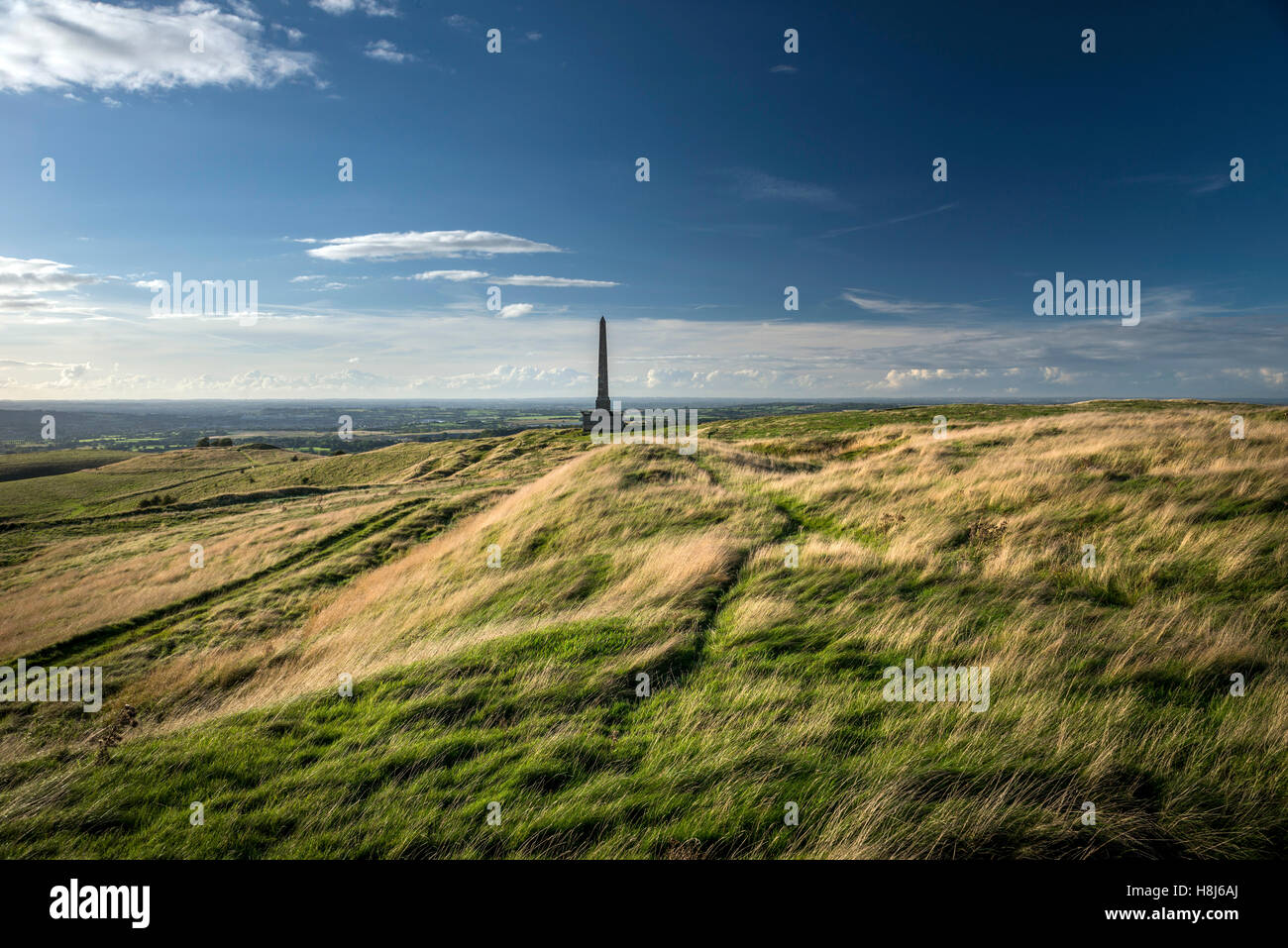 Oldbury Eisenzeit Wallburg und Lansdowne Monument Obelisk in Wiltshire, Großbritannien Stockfoto