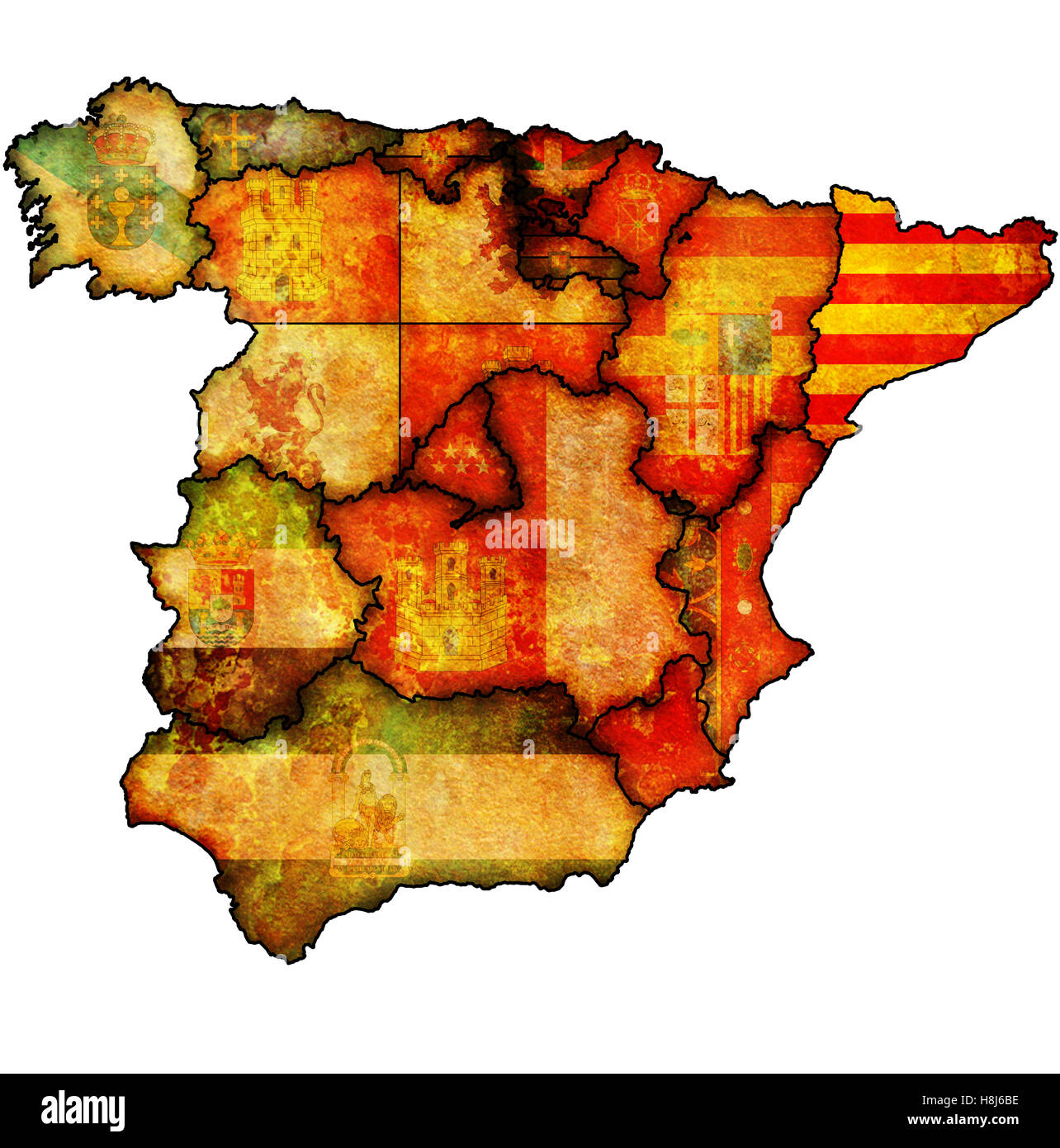 Region Katalonien auf Verwaltung Karte der Regionen Spaniens mit Fahnen und Wappen Stockfoto