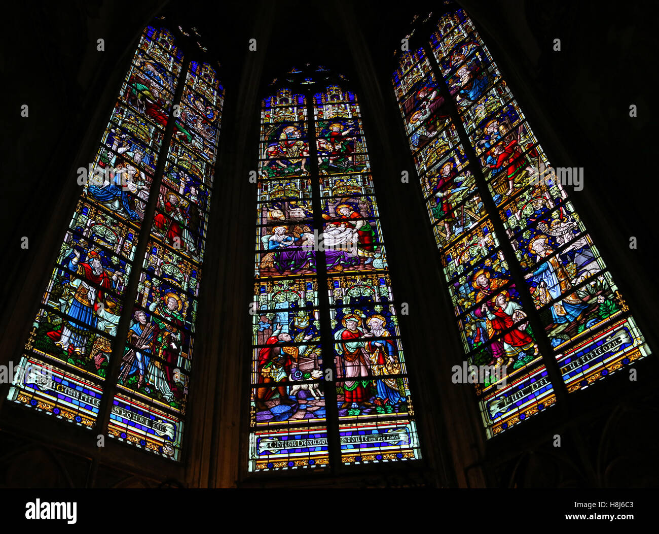 Glasmalerei-Fenster Darstellung des Lebens von Joseph in der Kathedrale von Saint Rumbold in Mechelen, Belgien. Stockfoto