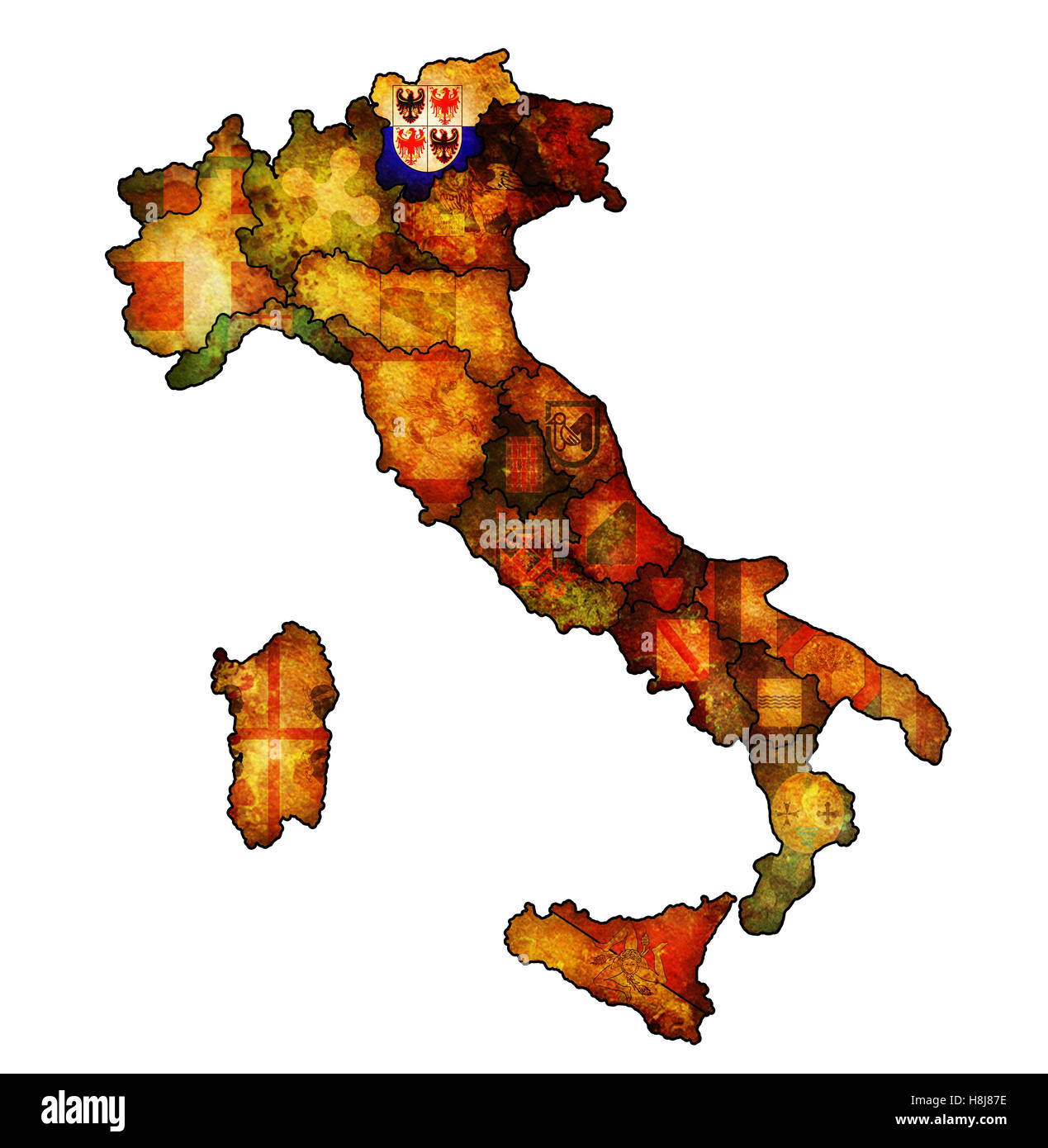 Region Süd Tirol auf Verwaltung Karte von Italien mit Flaggen Stockfoto