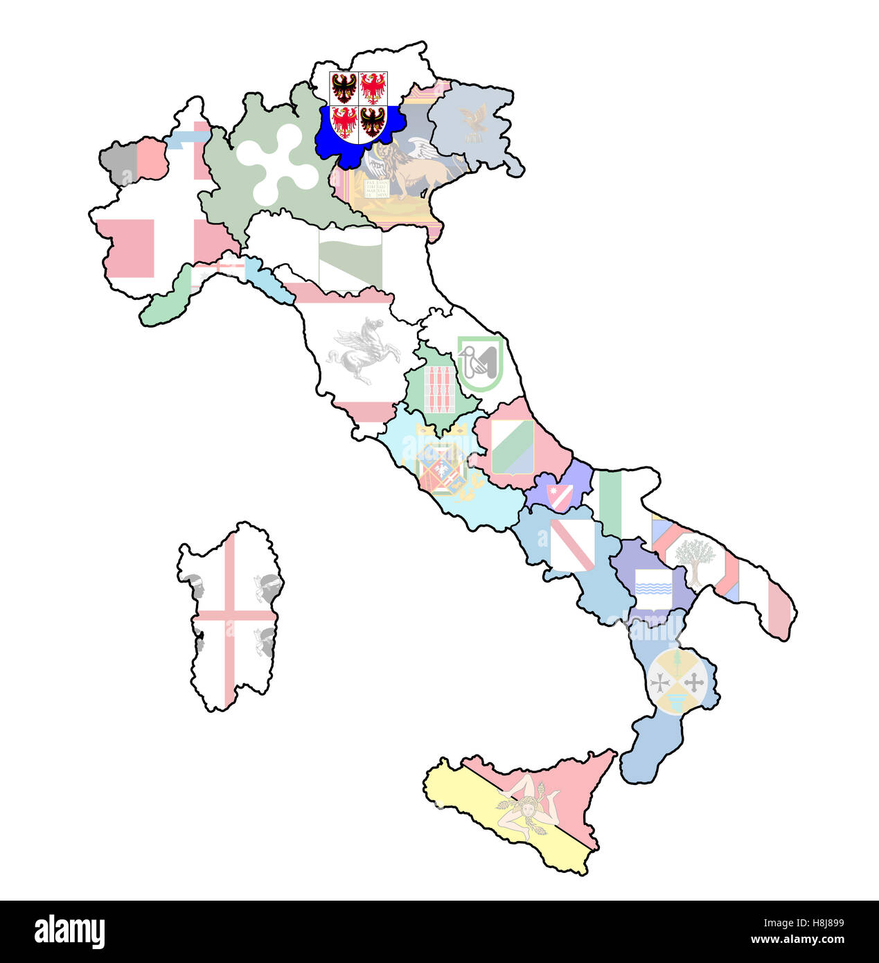 Region Süd Tirol auf Verwaltung Karte von Italien mit Flaggen Stockfoto