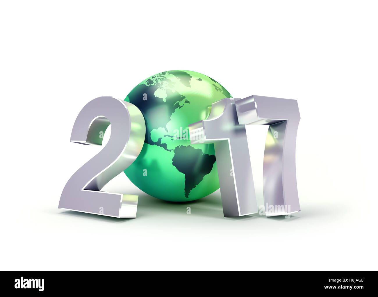 2017 Neujahr Art zusammen mit einer grünen Planetenerde, isoliert auf weiss - 3D-Illustration Stockfoto