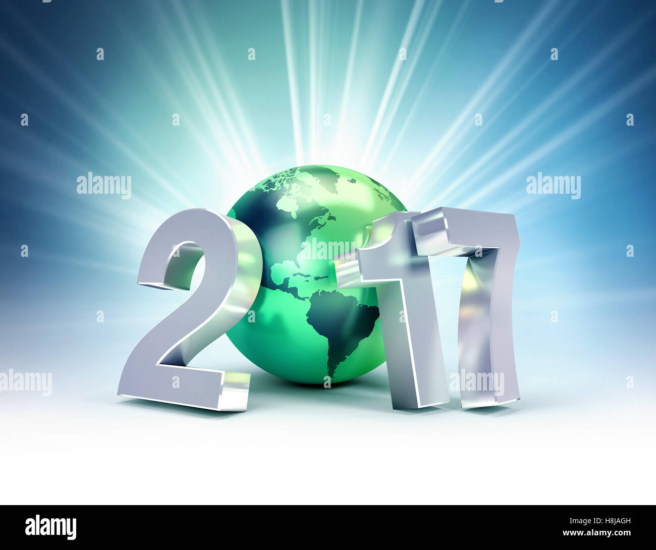 2017 Neujahr Art zusammen mit einer grünen Planeten Erde auf ein leuchtendes Blau Backgound - 3D-Illustration Stockfoto