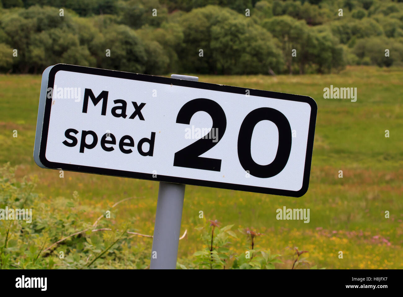 Straßenschild Beratung max. Höchstgeschwindigkeit 20 km/H Stockfoto