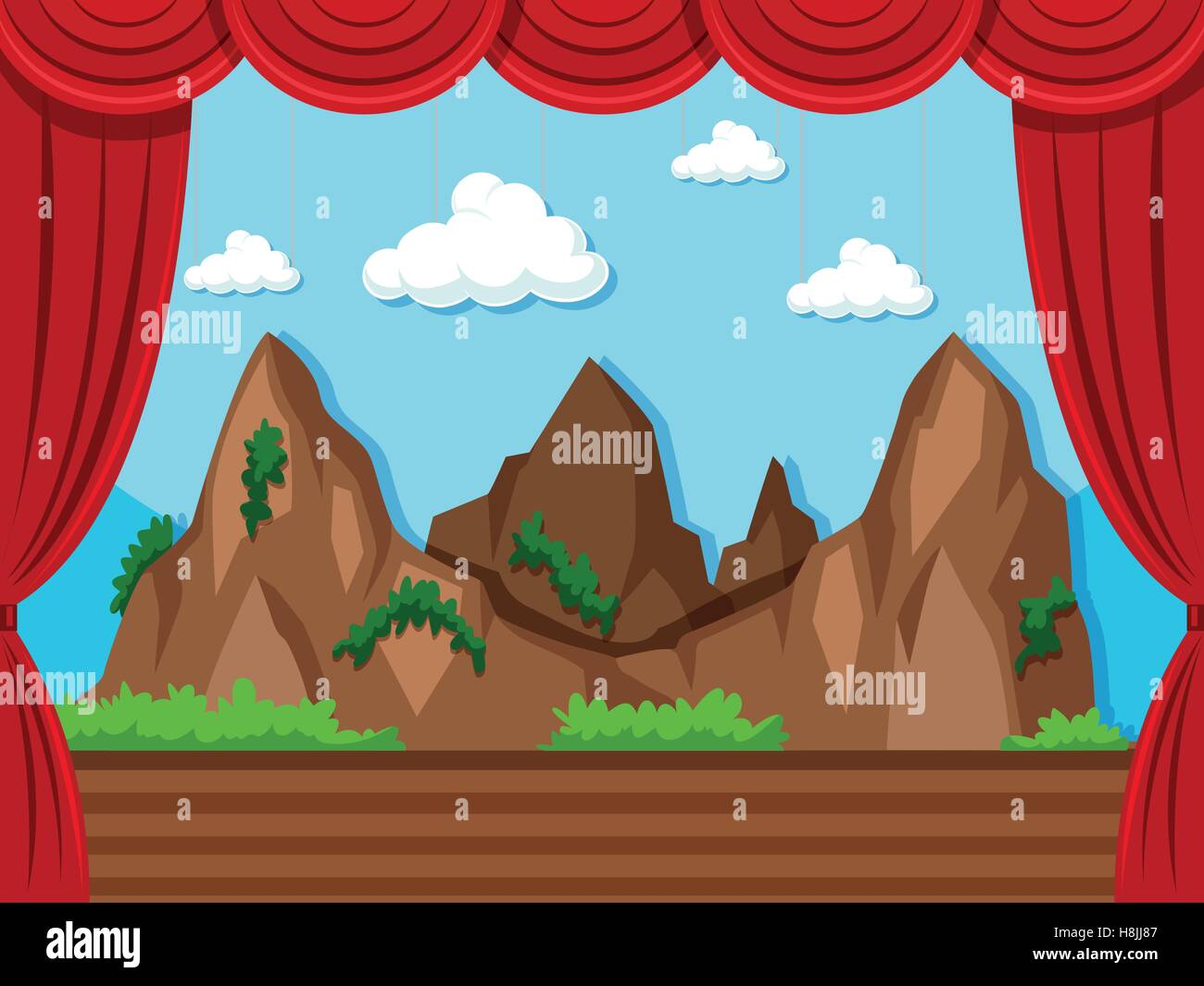 Hintergrund der Bühne mit Berg und Grass illustration Stock Vektor