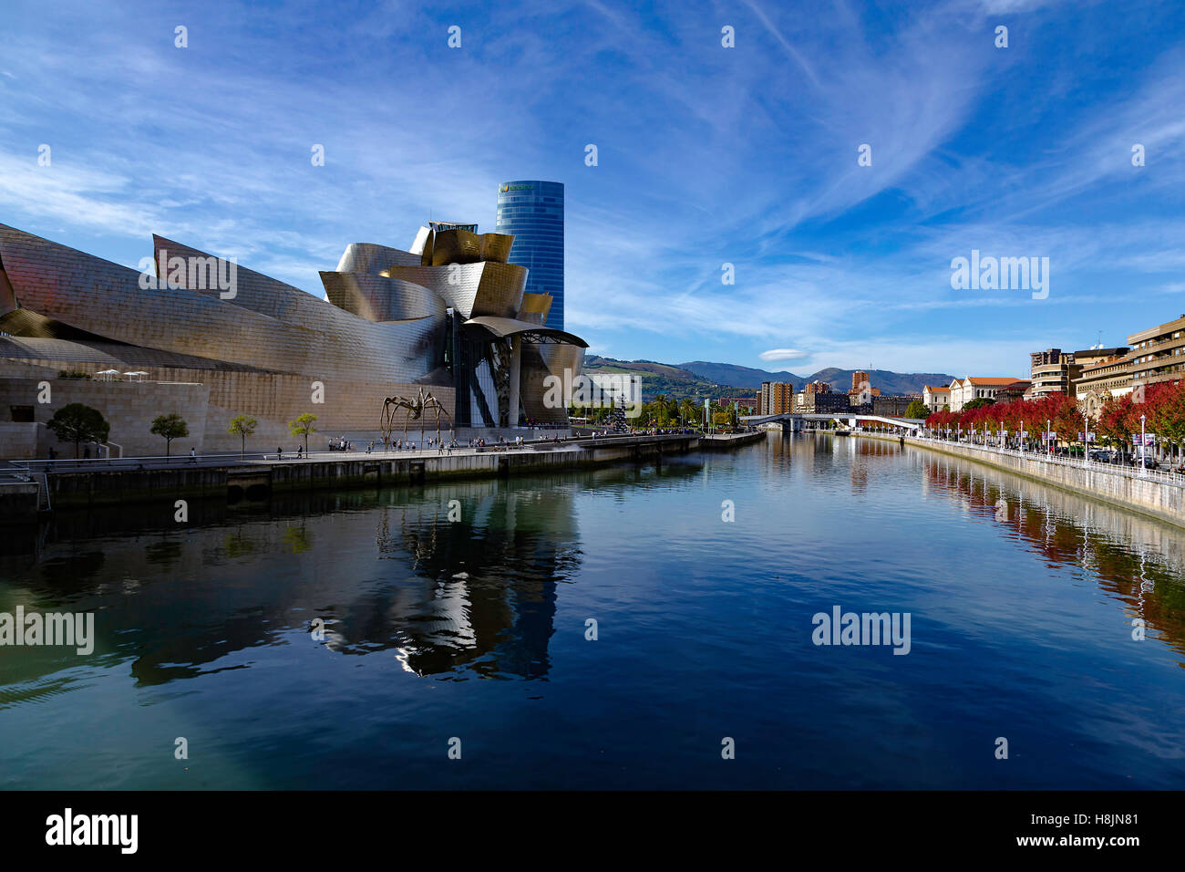 Das Guggenheim Museum in Bilbao im Herbst mit blauem Himmel neben dem Fluss Nervion Stockfoto