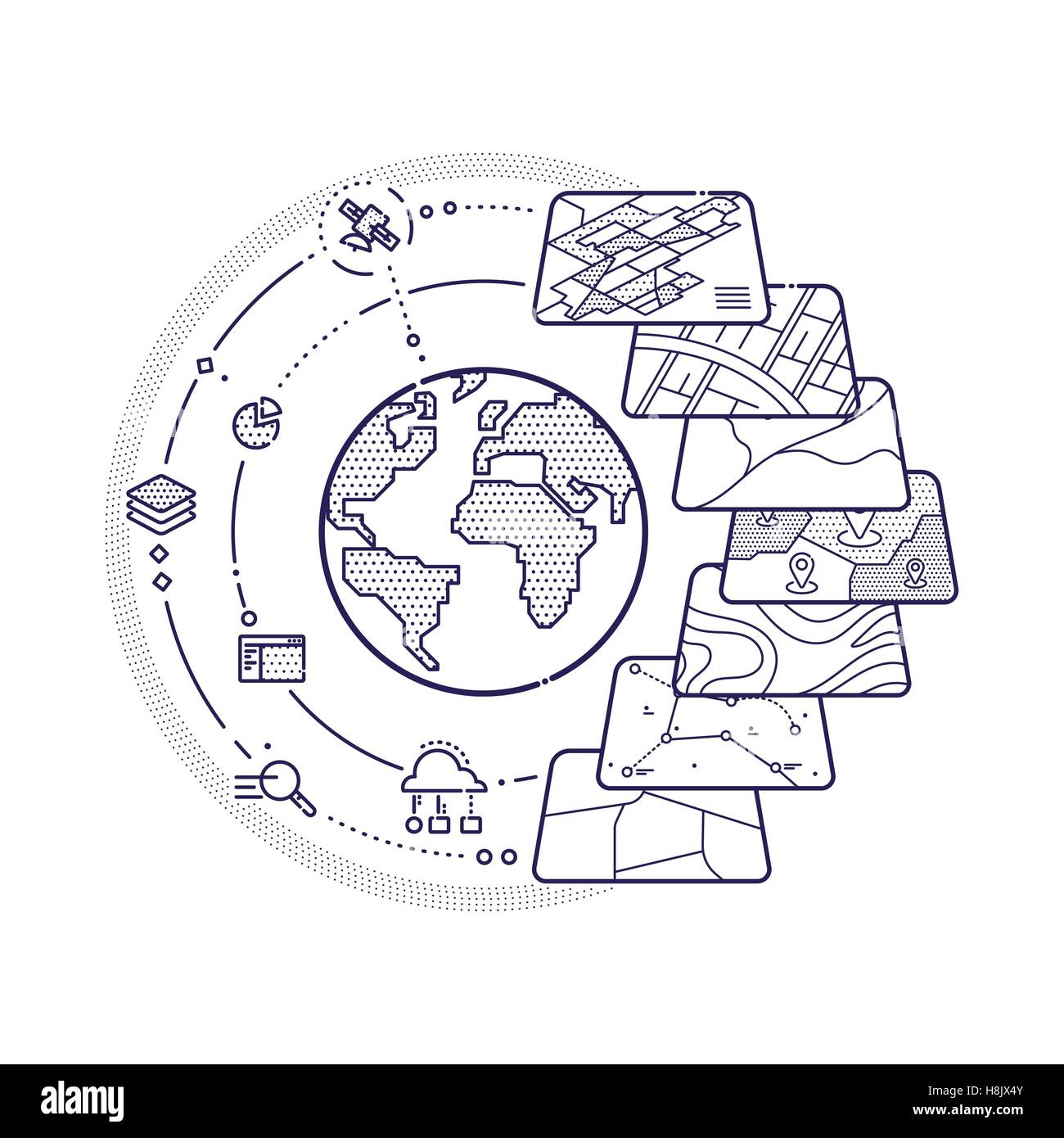Vektor-Illustration von GIS Geodaten Schichten Konzept für Business-Analyse, geografische Informationen Systemdesign, Ikonen, Liner Stock Vektor