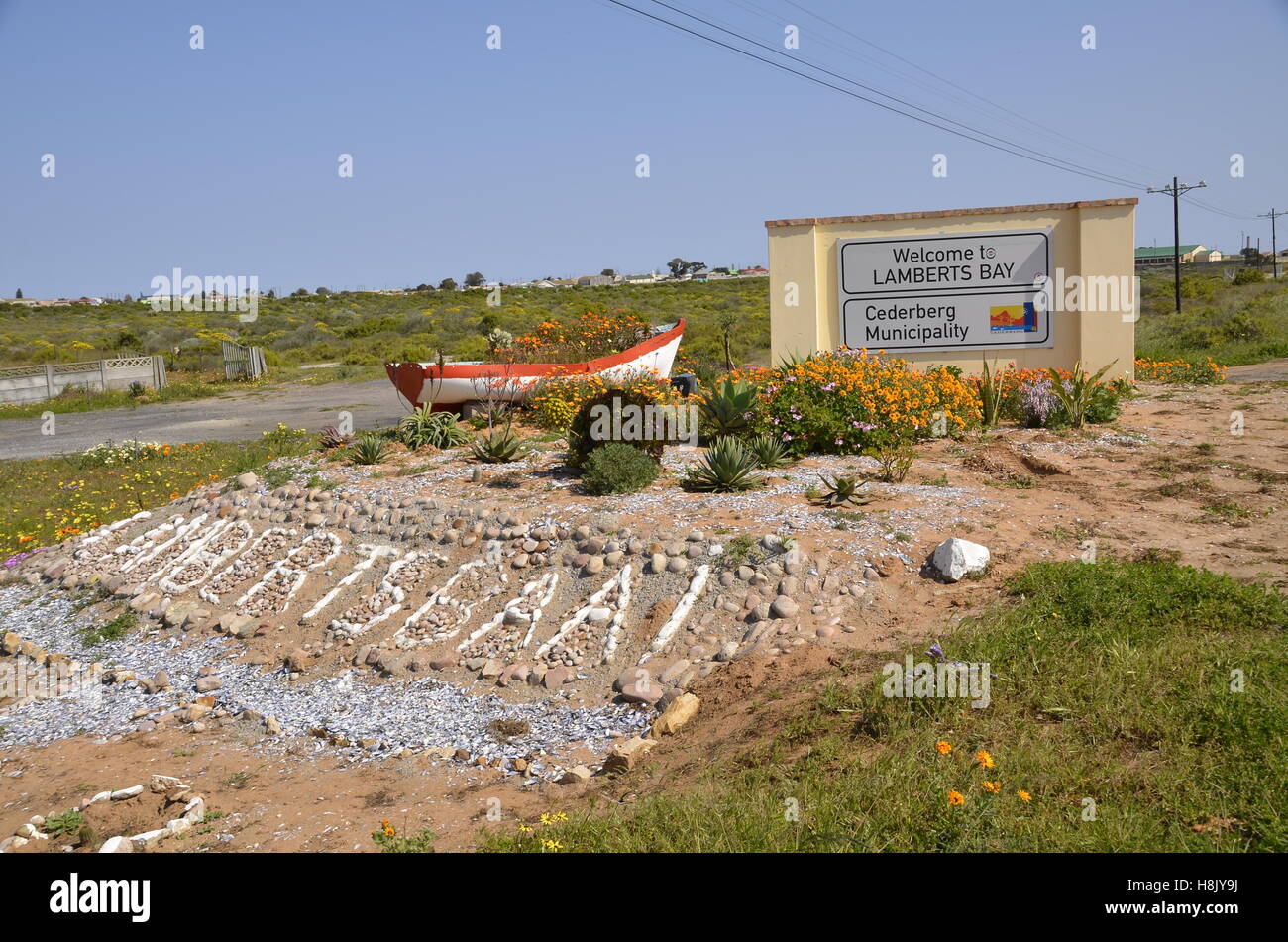 Beschilderung und wilden Blumen Display am Eingang zum Lamberts Bay Stockfoto