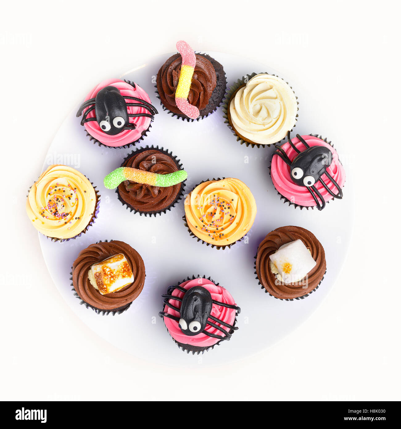 Süße leckere Cupcakes mit Spiedeer Dekoration für halloween Stockfoto