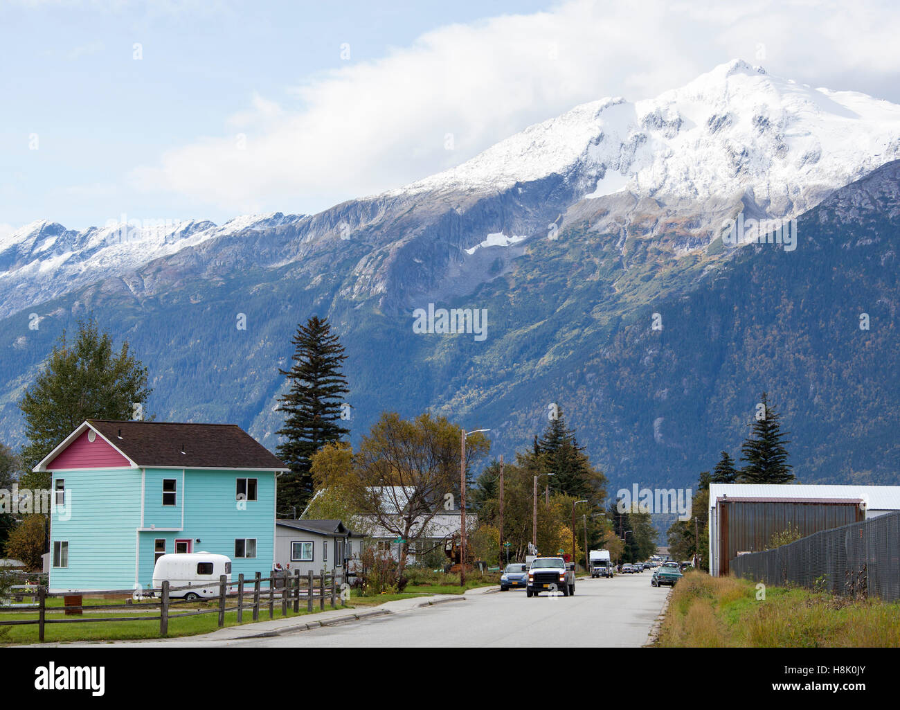 Die Ansicht der Alaska-Straße in der Stadt von Skagway (Alaska). Stockfoto