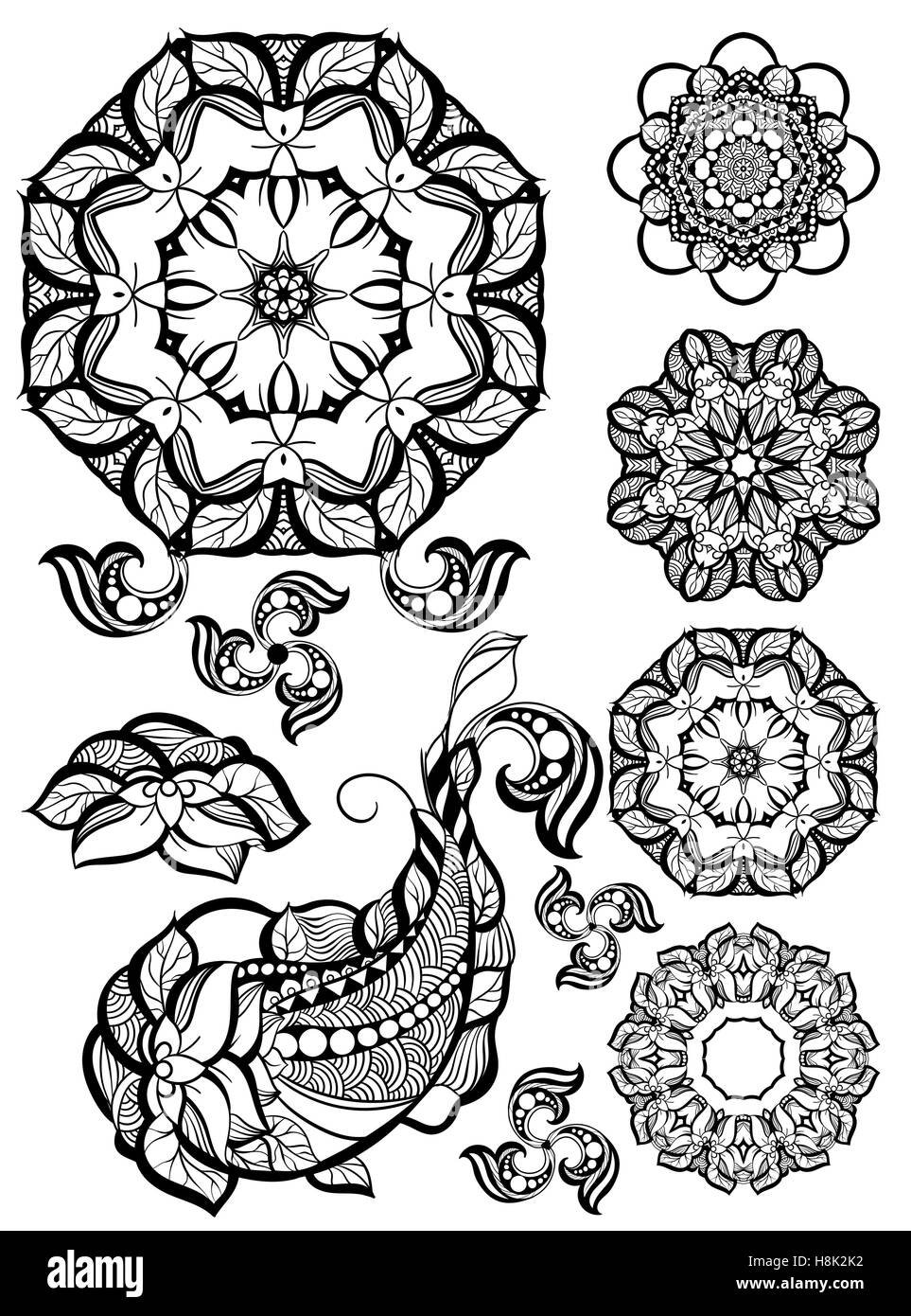Handgezeichnete Mehendi Zierelemente und Mandala-Sammlung. Indische Henna-Tattoo-Set. Orientalischen Stil dekorative Gestaltung templat Stock Vektor
