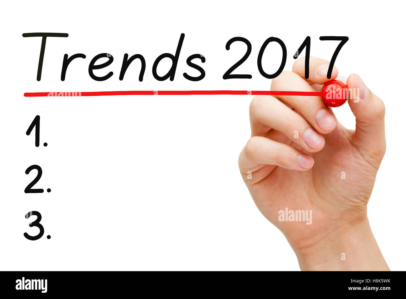Handschrift Trends für das Jahr 2017 Liste mit Marker auf transparente wischen Brett. Stockfoto