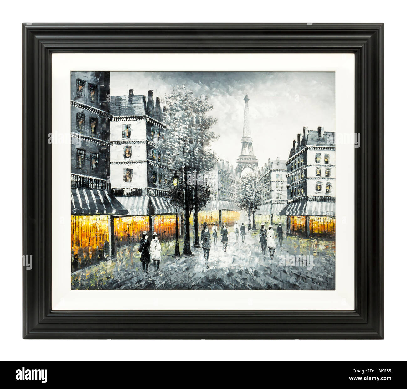 Original Öl auf Leinwand von einer Straßenszene in Paris gerahmt, signiert "Burnett" Stockfoto