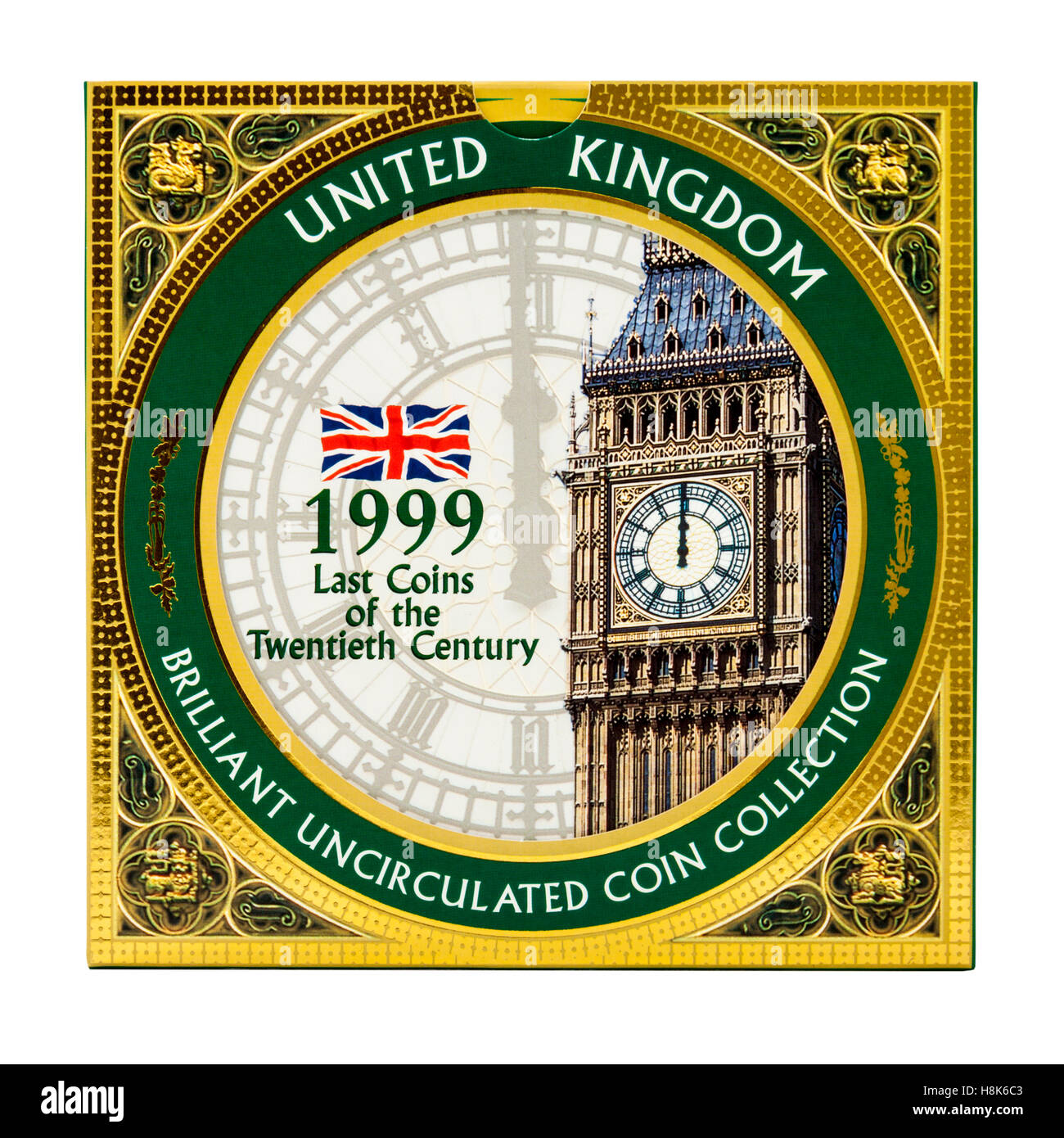 Satz von 1999 United Kingdon Brilliant Uncirculated Münzsammlung, die letzten Münzen des 20. Jahrhunderts, von der Royal Mint herausgegeben Stockfoto