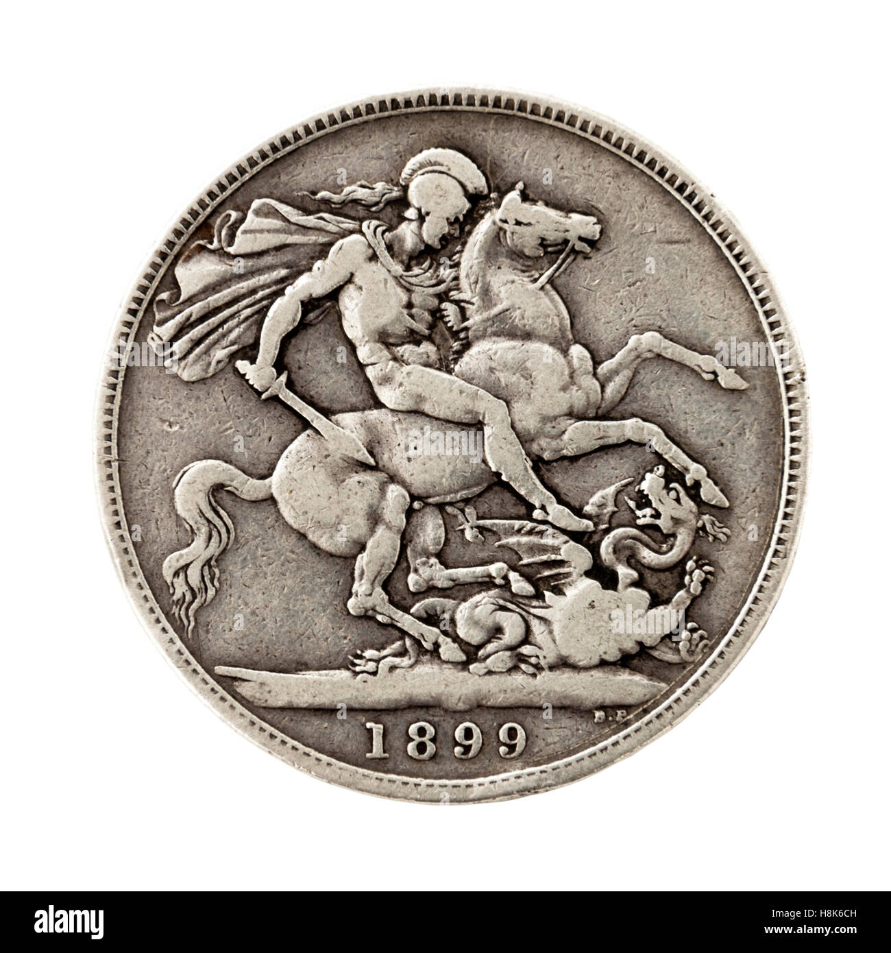 Antike (1899) viktorianischen silberne Krone, mit Benedetto Pistrucci Design von St. Georg auf dem Pferderücken den Drachen erschlagen. Stockfoto
