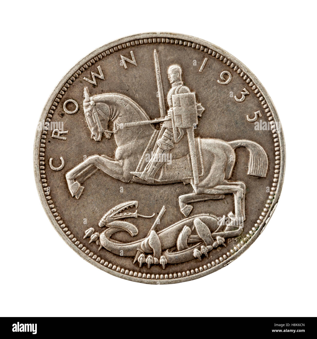 Jahrgang 1935 George V Crown, mit Percy Metcalfe herrlichen Design von St. Georg auf dem Pferd den Drachen erschlagen. Stockfoto
