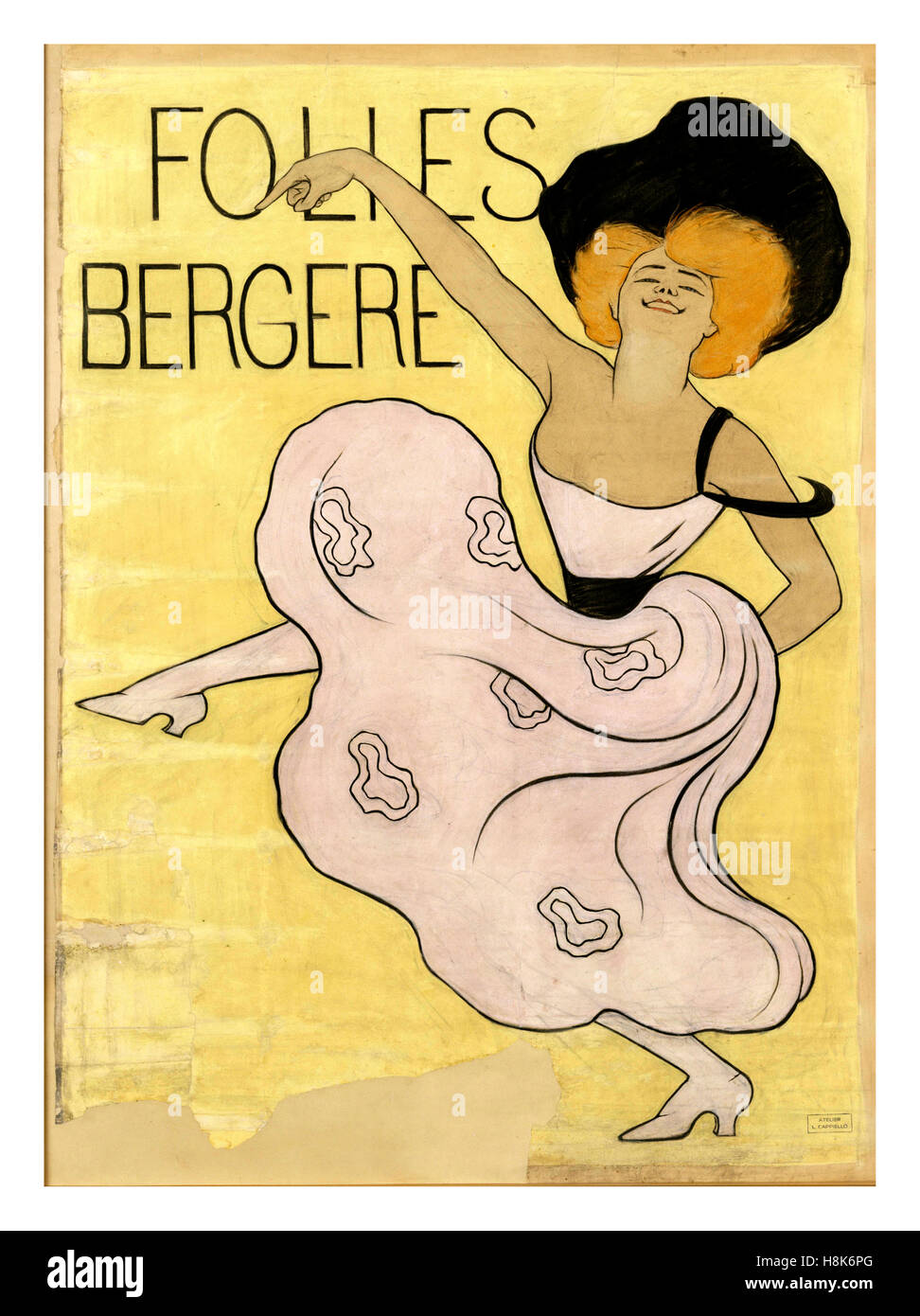 1900 Folies Bergere vintage Theater Poster original Pastiche artwork Paris Folies Bergere, Tous Les Soirs Spektakel Varie, 1900 von Leonetto Cappiello, Vintage Kunst, Unterhaltung, Plakat, Werbung Frankreich Stockfoto