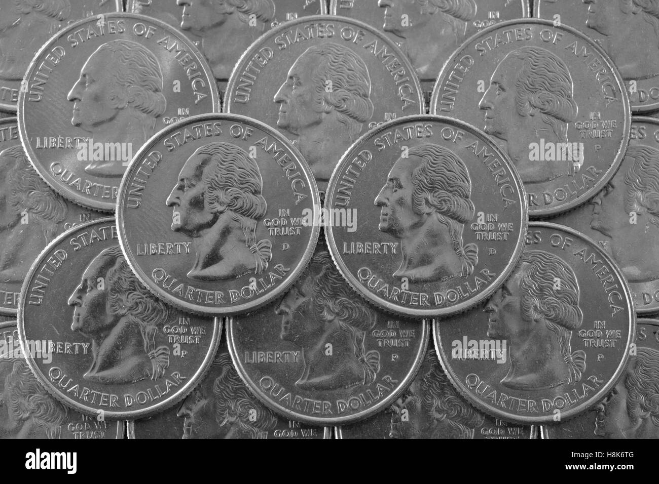 Münzen der USA. Stapel der US-Quarter Münzen mit George Washington Stockfoto