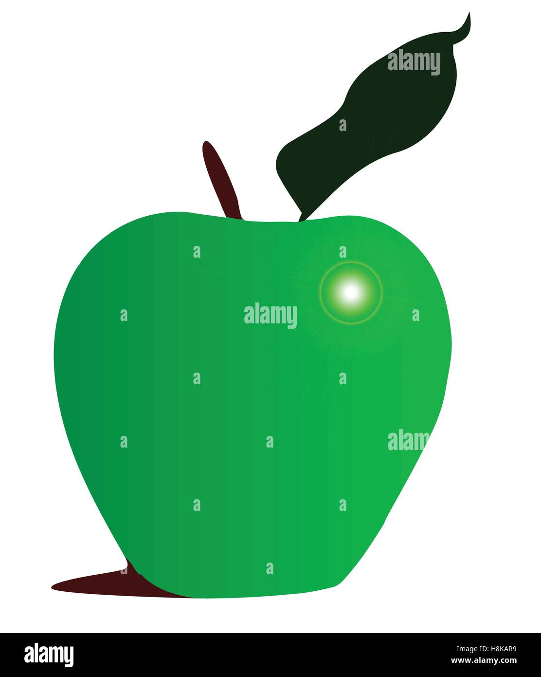 Ein grüner Apfel mit Stiel und Blatt isoliert auf weißem Hintergrund Stock Vektor