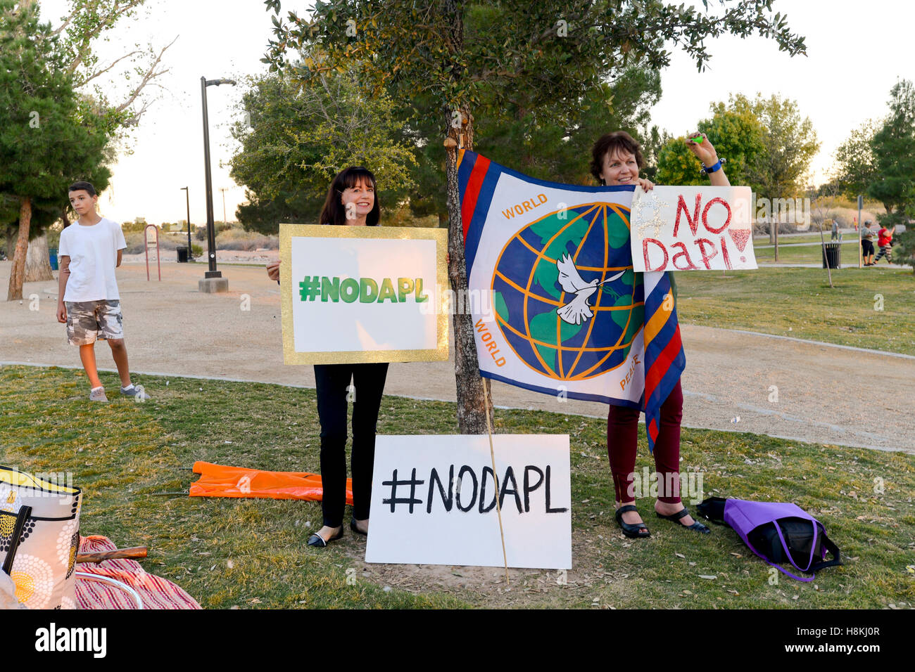 Las Vegas, USA. 13. November 2016. 13. November 2016, Sunset Park Las Vegas Nevada, Menschen mit Zeichen zur Unterstützung der "Standing Rock' Verteidigung der indianischen Stammes landet aus dem Bau der Dakota-Zugang-Pipeline. #NODAPL Credit: Ken Howard/Alamy Live-Nachrichten Stockfoto