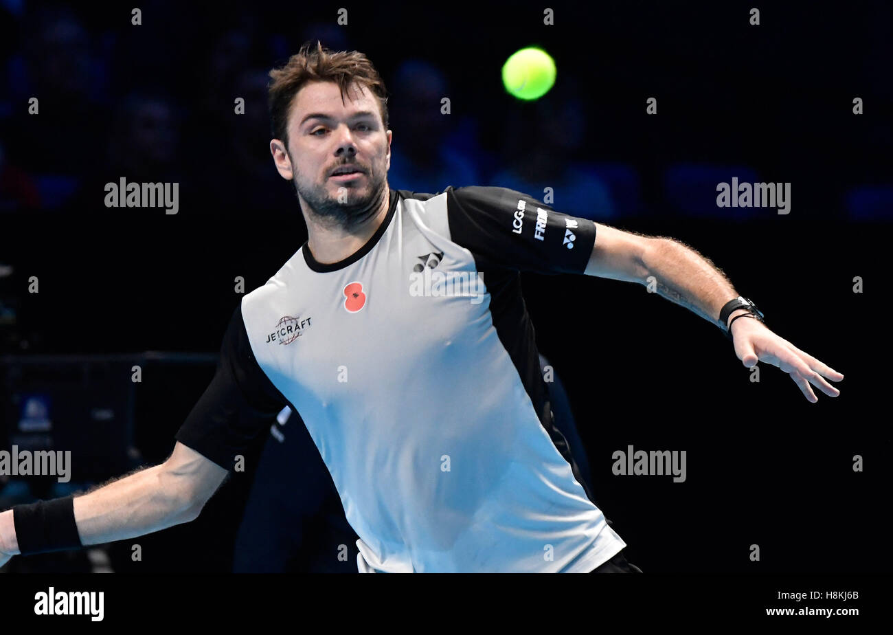 London, UK. 14. November 2016. Barclays ATP World Tour Finals 02 Arena London UK Stan Wawrinka SUI V Kei Nishikori JPN, das Match in geraden gewann, setzt Wawrinka in Aktion während des Spiels Foto: Leo Mason Bruchteil einer Sekunde/Alamy Live News Stockfoto