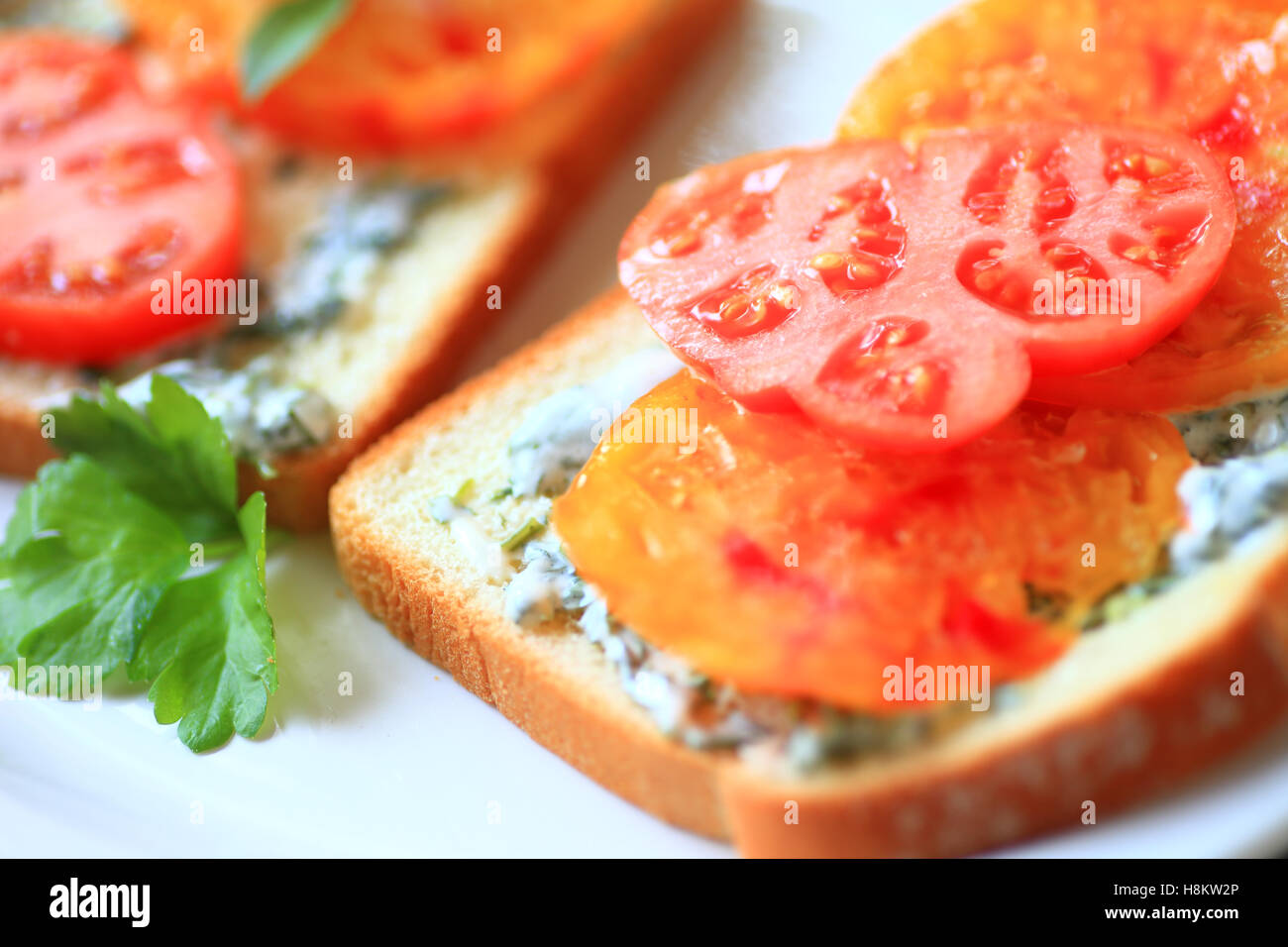 Sandwich gemacht Erbstück-Tomaten mit Koriander-Mayonnaise auf Weißbrot Stockfoto