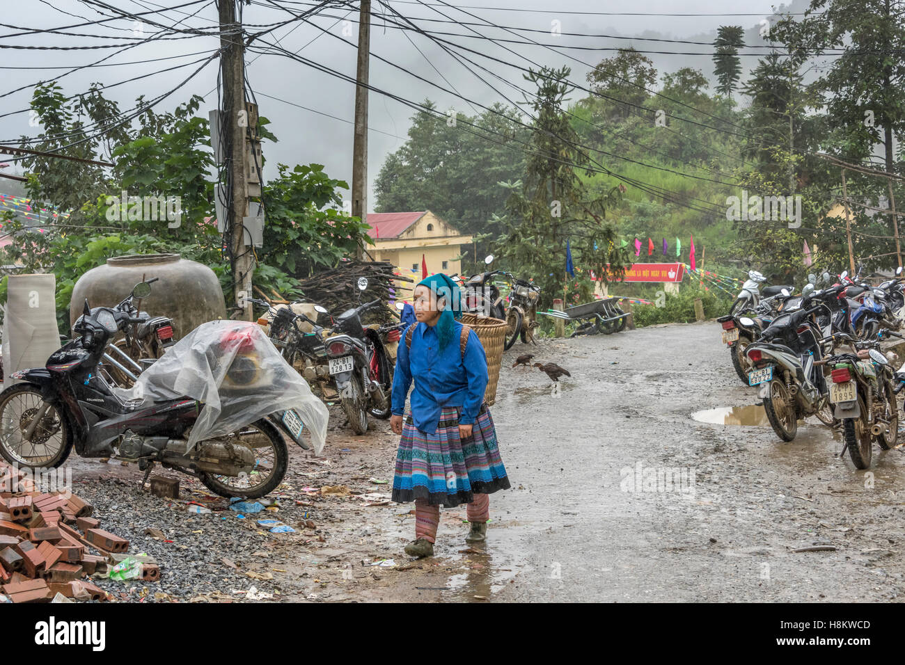 Flower Hmong Frau unterwegs zu den Coc Ly Markt in strömendem Regen, in der Nähe von Sa Pa, Nord-Vietnam Stockfoto
