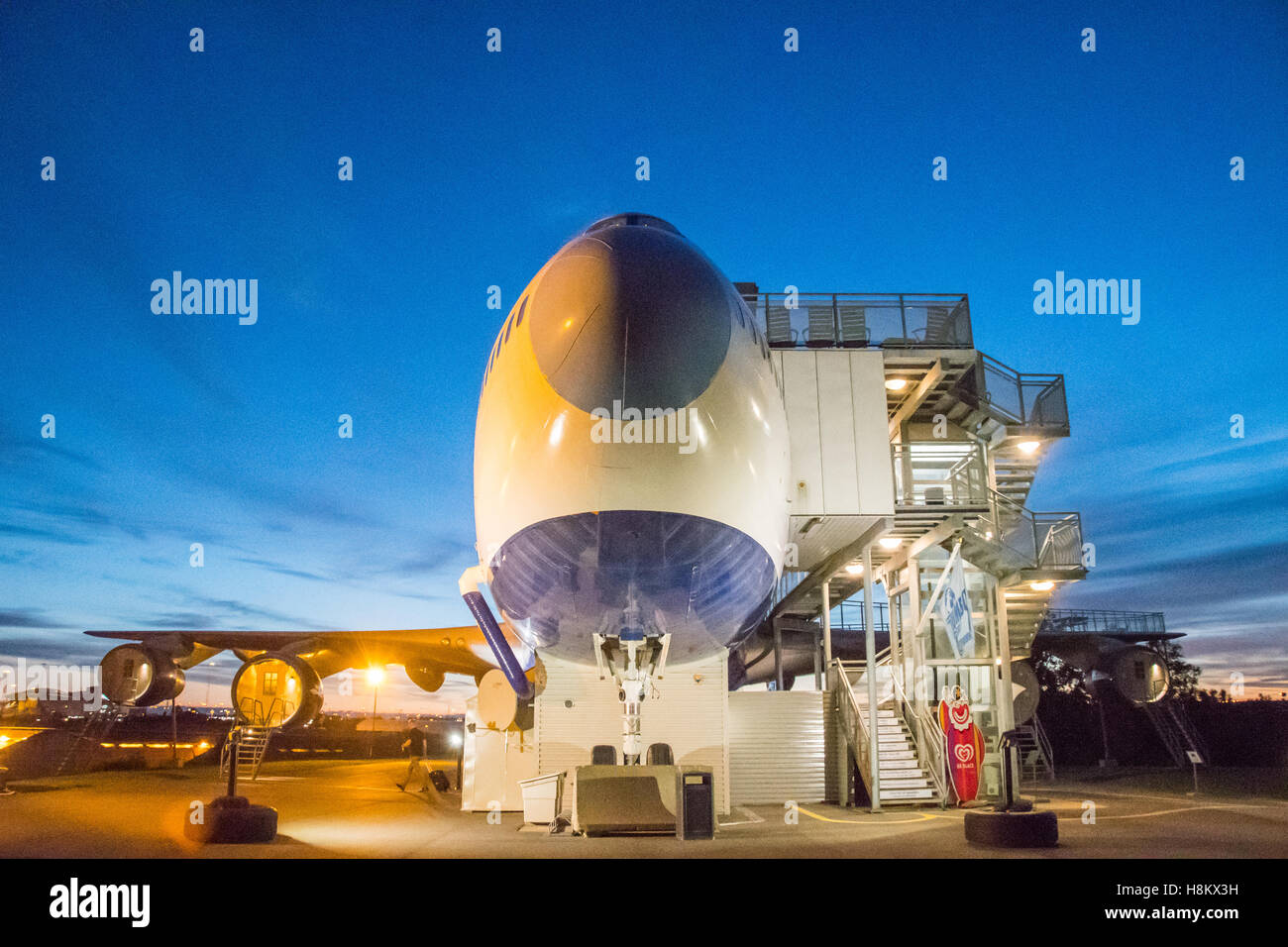 Stockholm Arlanda, Schweden - The Jumbo Stay (Jumbohostel), ein Hostel, das ist eine umgebaute Boeing 747 Flugzeug. Es befindet sich an der th Stockfoto