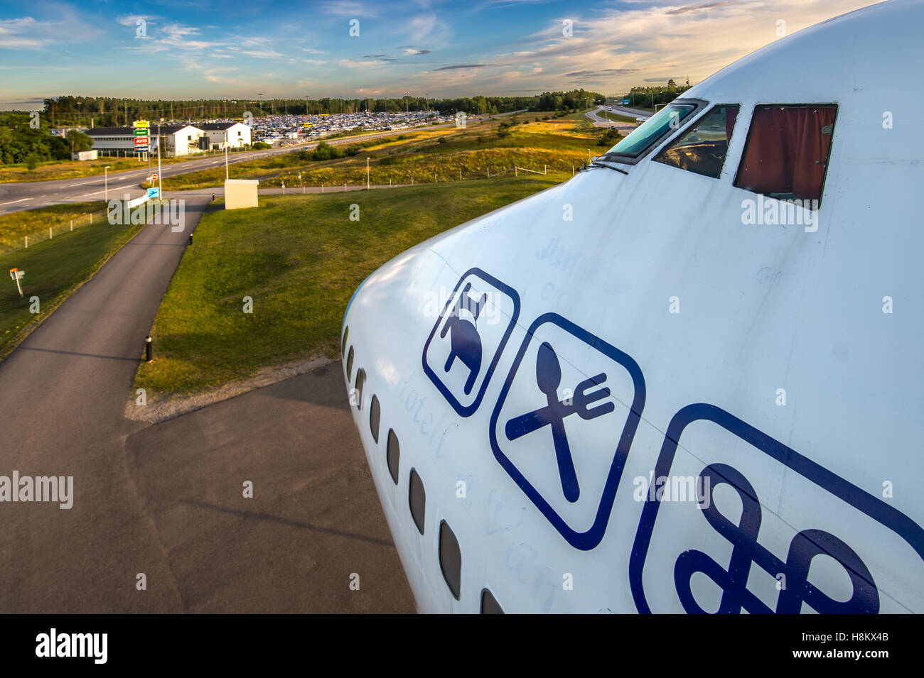 Stockholm Arlanda, Schweden - The Jumbo Stay (Jumbohostel), ein Hostel, das ist eine umgebaute Boeing 747 Flugzeug. Es befindet sich an der th Stockfoto