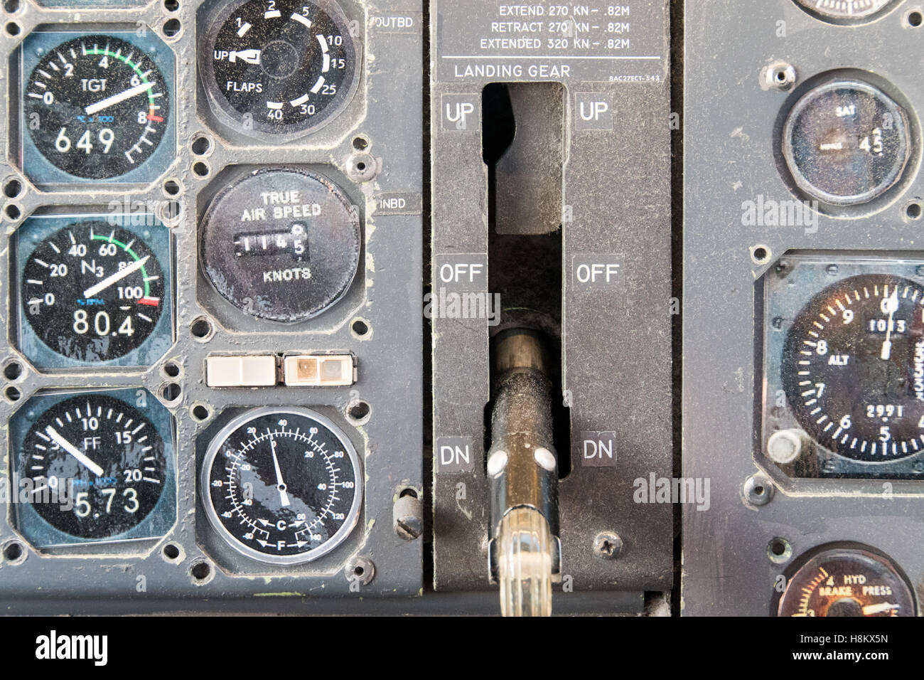 Stockholm Arlanda, Schweden - die alte Steuerelemente innerhalb des Cockpit-Raumes an das Jumbo Stay (Jumbohostel), eine Herberge, die eine Conver ist Stockfoto