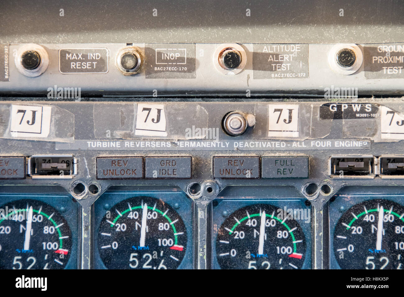Stockholm Arlanda, Schweden - die alte Steuerelemente innerhalb des Cockpit-Raumes an das Jumbo Stay (Jumbohostel), eine Herberge, die eine Conver ist Stockfoto