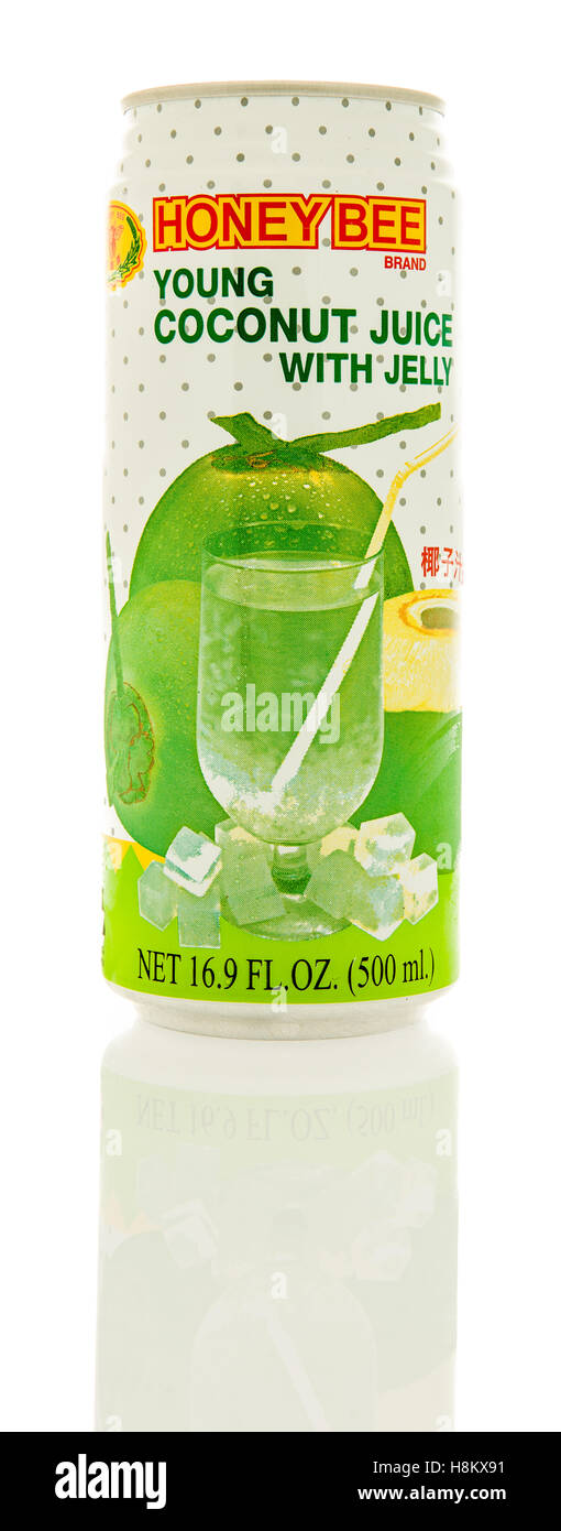 Winneconne, Wisconsin - 11. November 2016: kann der Honey Bee jungen Kokosnuss Saft auf eine isolierte Hintergrund. Stockfoto