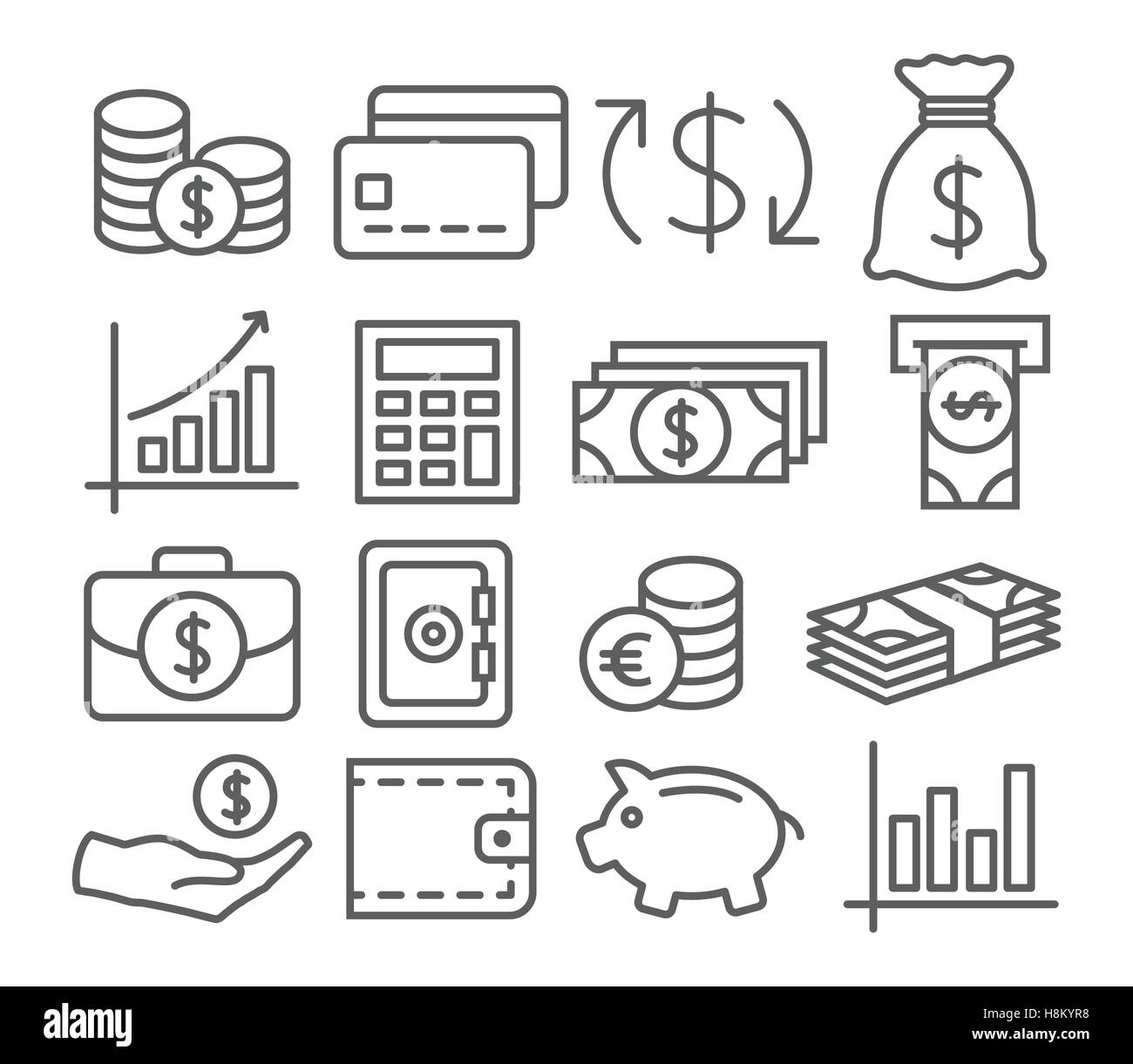 Gray Geld Linie Symbole auf weißem Hintergrund Stock Vektor