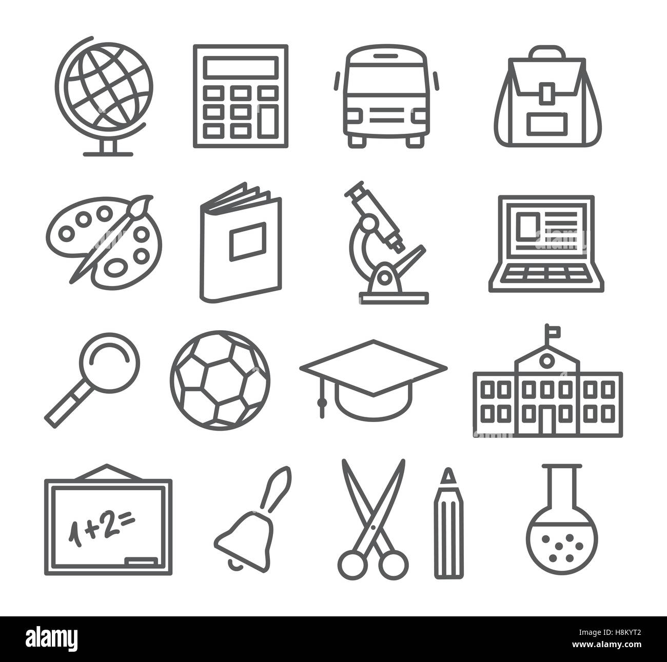 Grau-Schule und Bildung Zeile Symbole auf weißem Hintergrund Stock Vektor