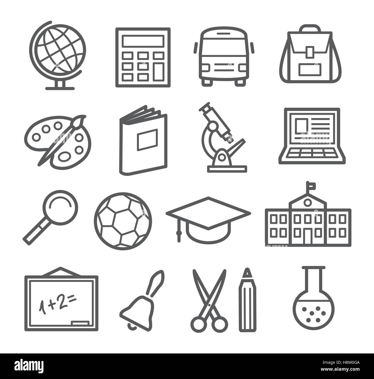 Grau-Schule und Bildung Zeile Symbole auf weißem Hintergrund Stock Vektor
