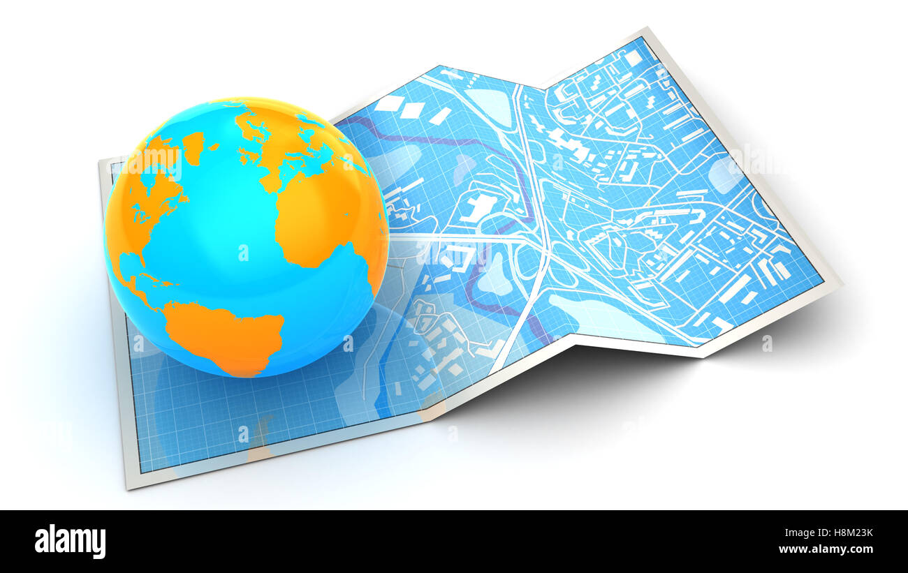 3D Abbildung des gefalteten Stadt Karte und Erde Globus - Navigationssymbol Stockfoto