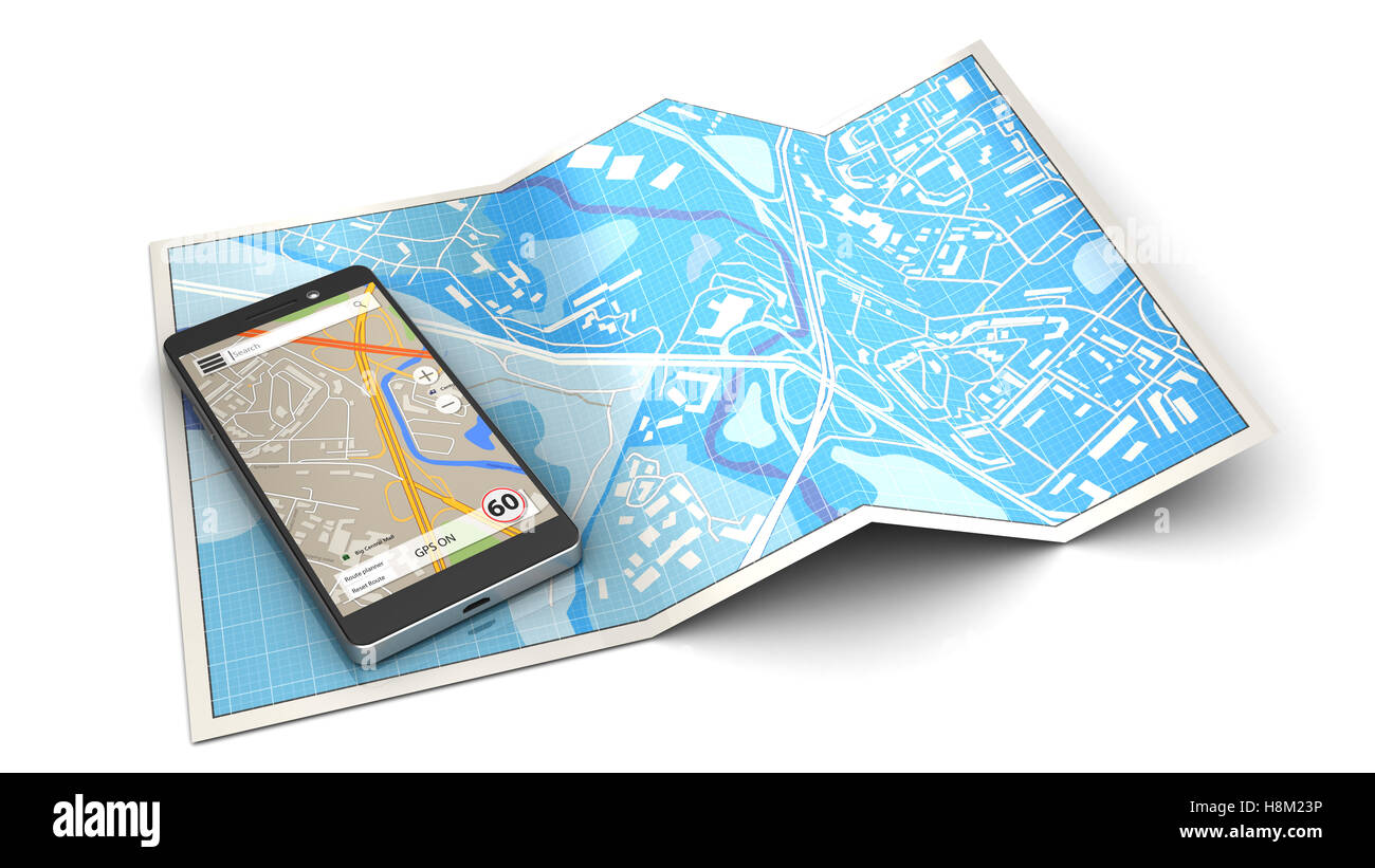 3D Darstellung der Navigation mit Handy-Konzept oder das Symbol Stockfoto