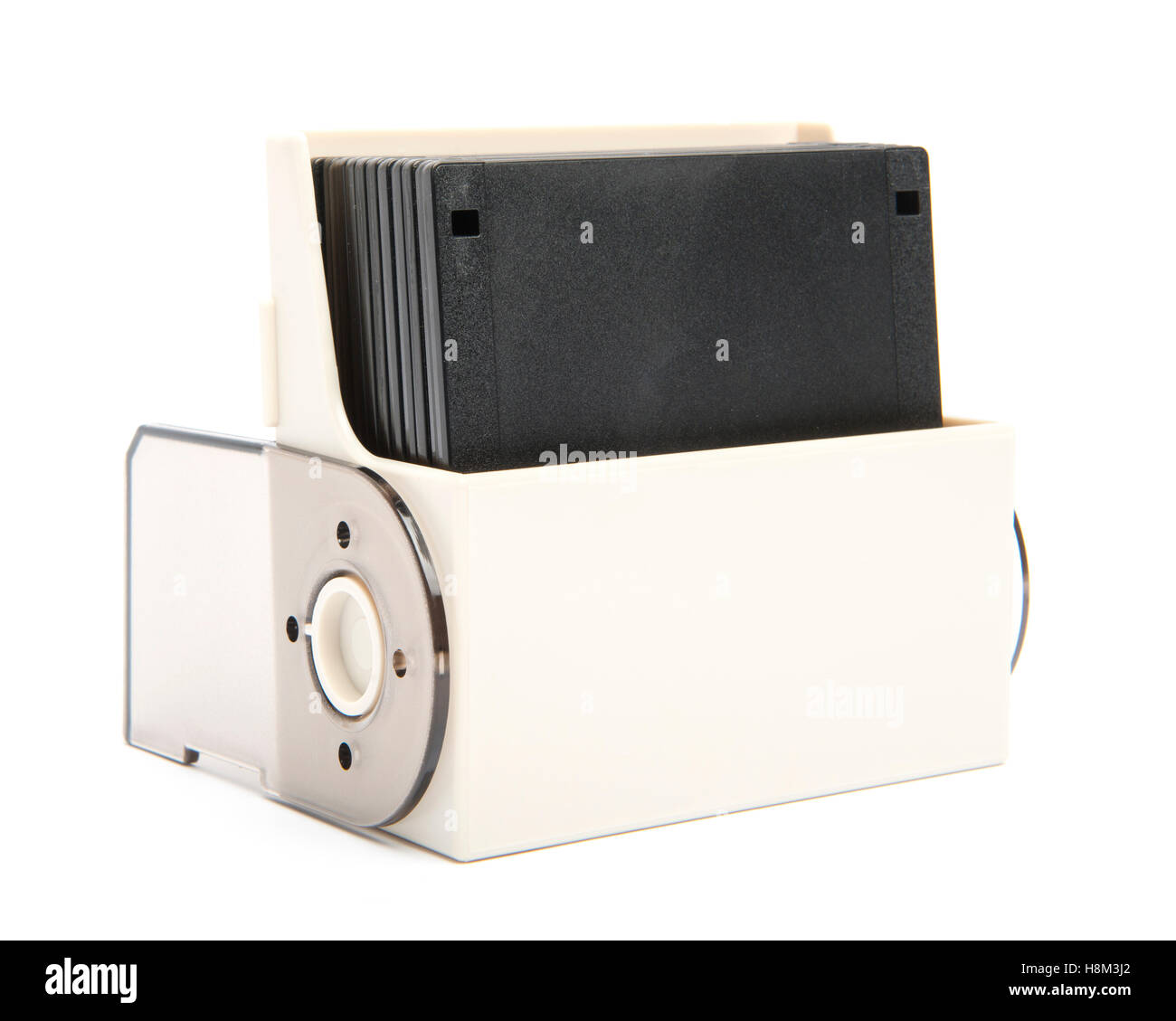 Isolierte Bild des Schrankes Diskette Veranstalter gefüllt mit Disketten Stockfoto