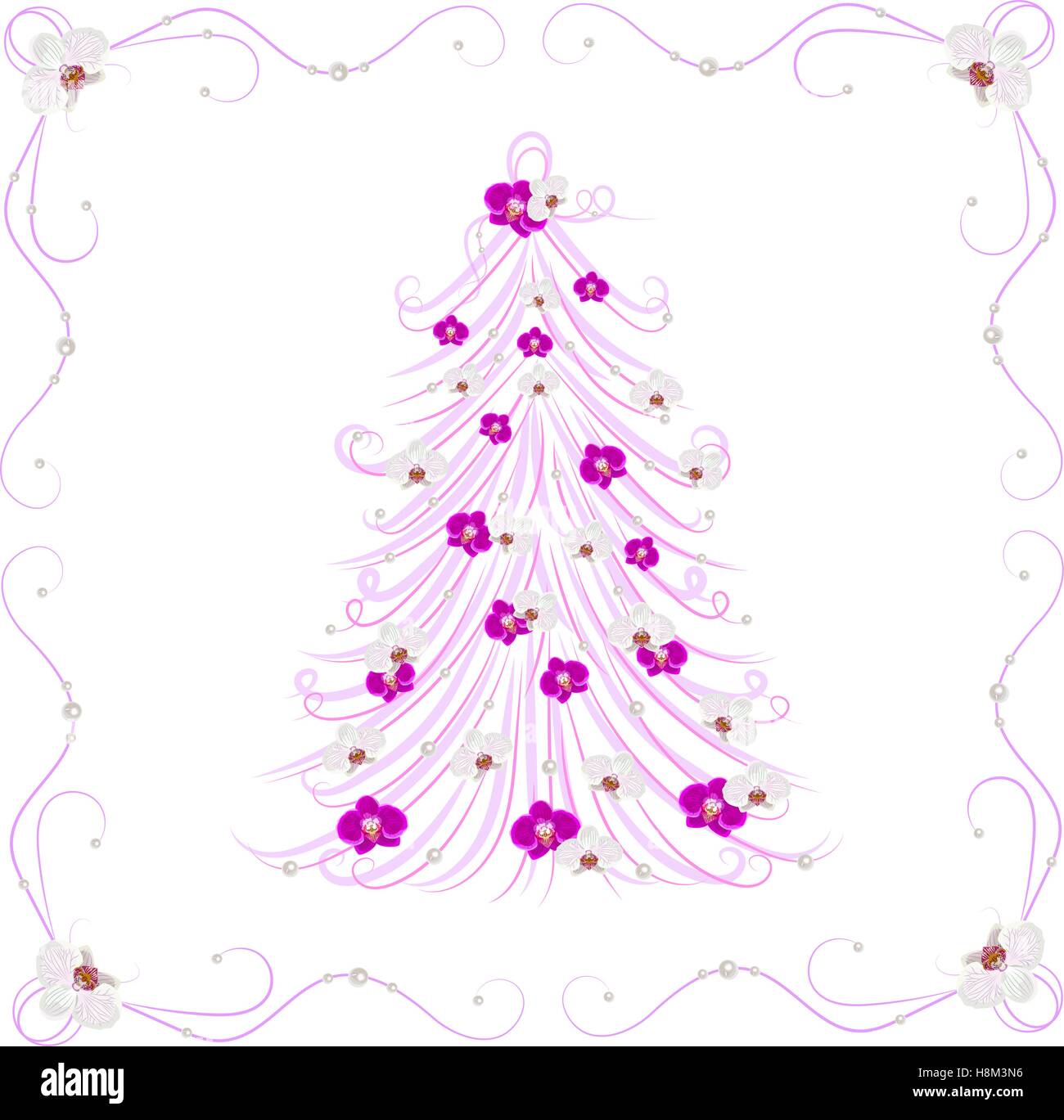 Mit Blumen geschmückter Weihnachtsbaum. Stock Vektor