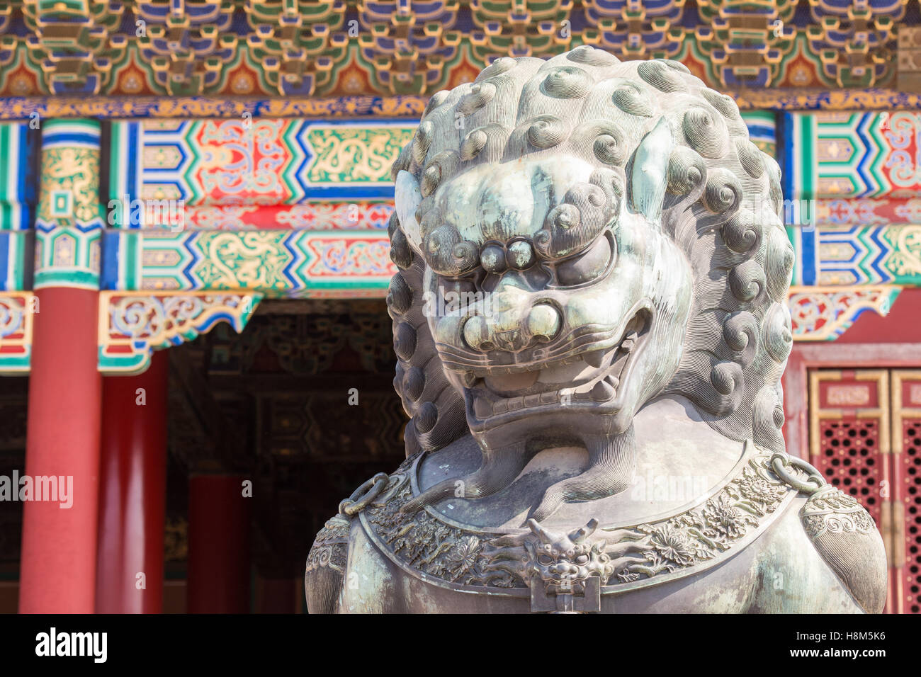 Peking - Detail einer bronzenen Wächter Löwe Statue (Shi) mit der verzierten Architektur des Palastmuseums in der backg Stockfoto