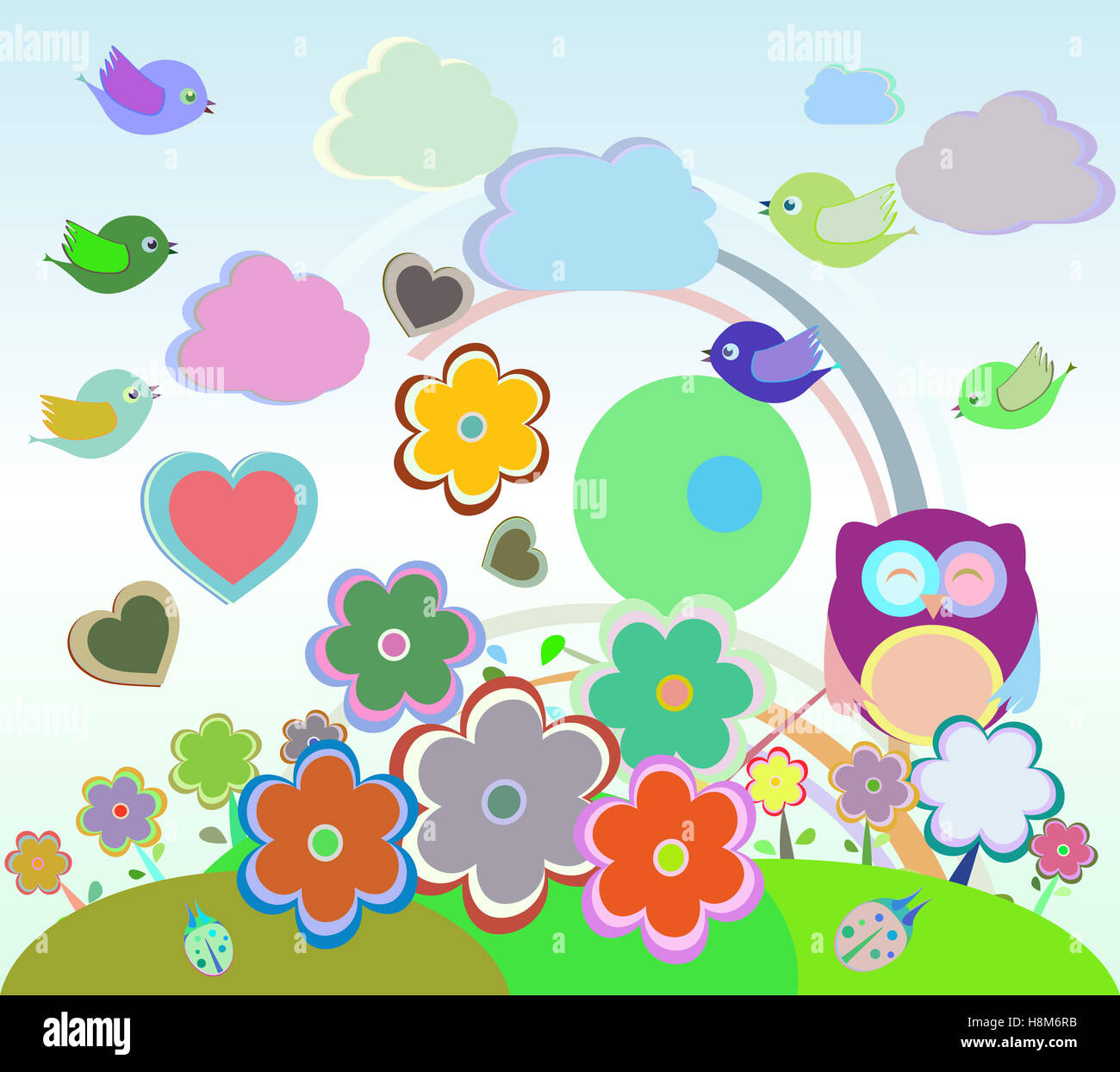 Hintergrund mit Eulen, Vögel, Blumen, Wolken und Bäume Stockfoto