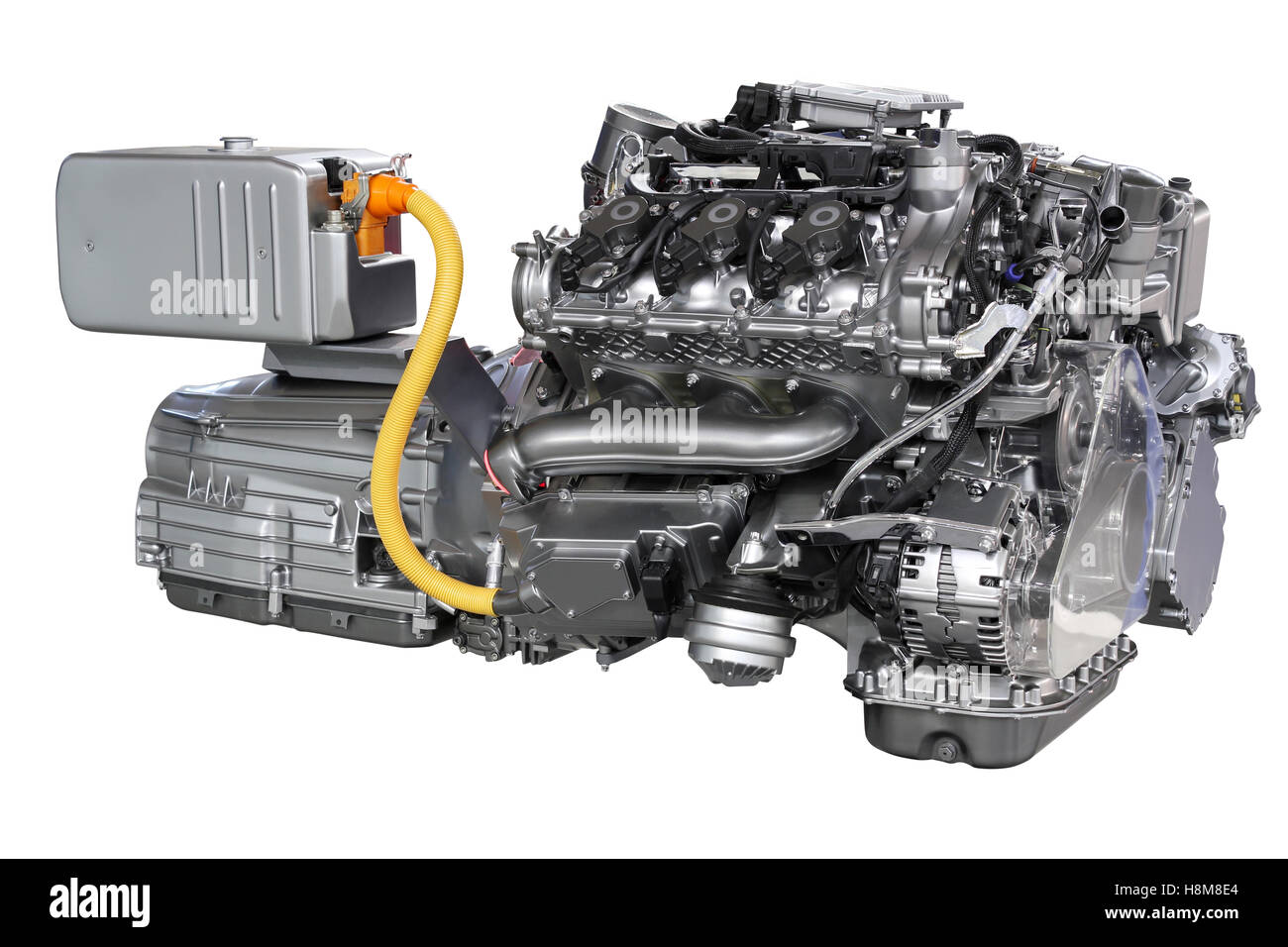 Auto Hybrid-Motor isoliert auf weiss Stockfoto