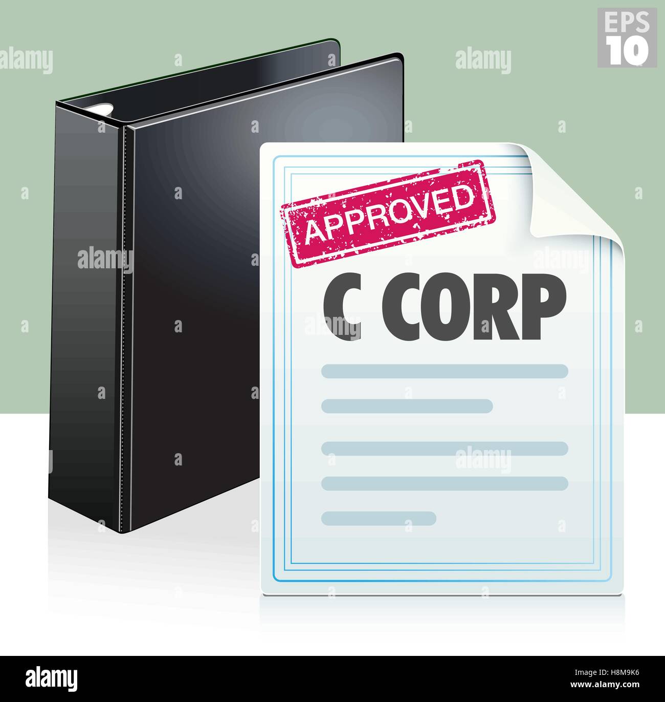 Stempel auf ein C-Corporation Rechtsdokument mit schwarzen drei Ringbuch genehmigt Stock Vektor